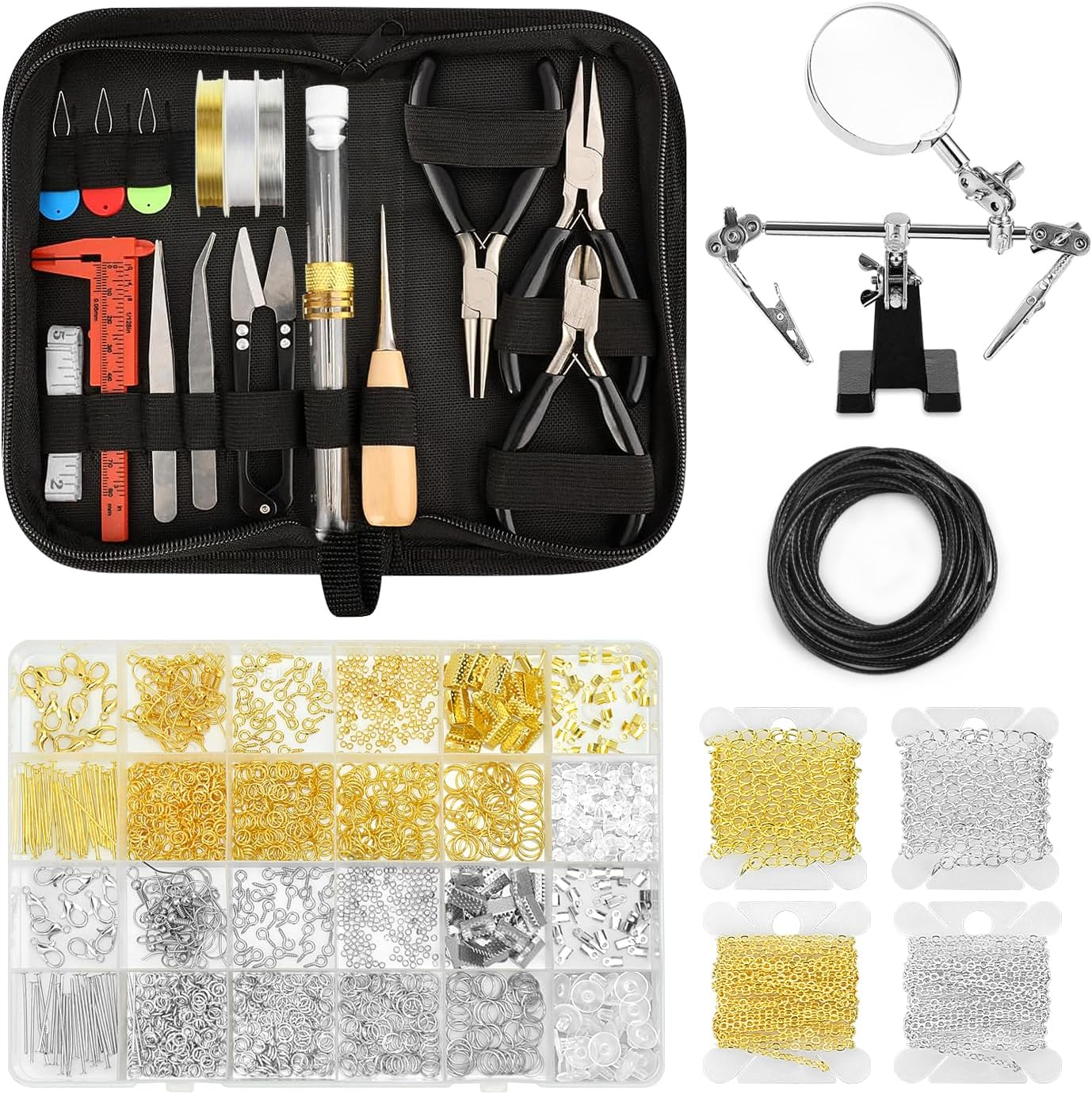 Jewelry Making Supplies for Adults, Permanent Jewelry Starter Kit with Tools,4 Necklaces,Jewelrys Pliers,Jewelrys Wires,Findings,Magnifier & Storage Bag,Perfect for Men'S and Women'S Jewelrys Projects