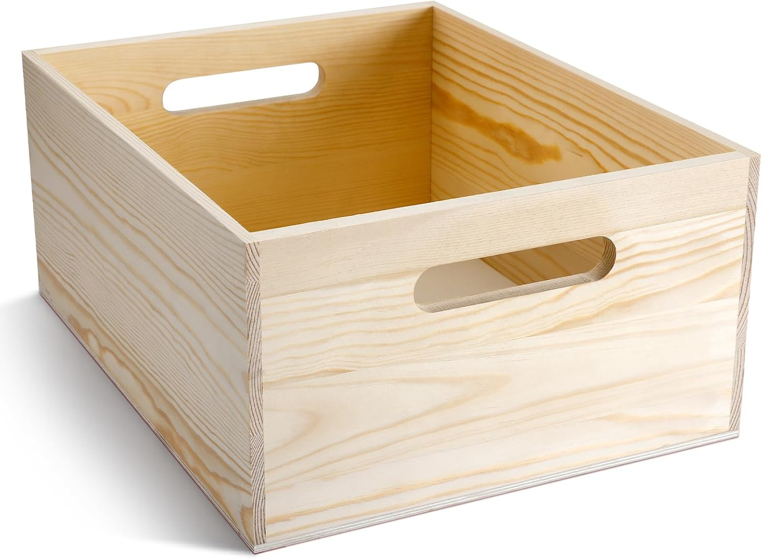 Large Wooden Box with Hand Holes, 15 X 12 X 7 Inches Unfinished Pine Wood Box for DIY Craft Arts Hobbies and Home Storage