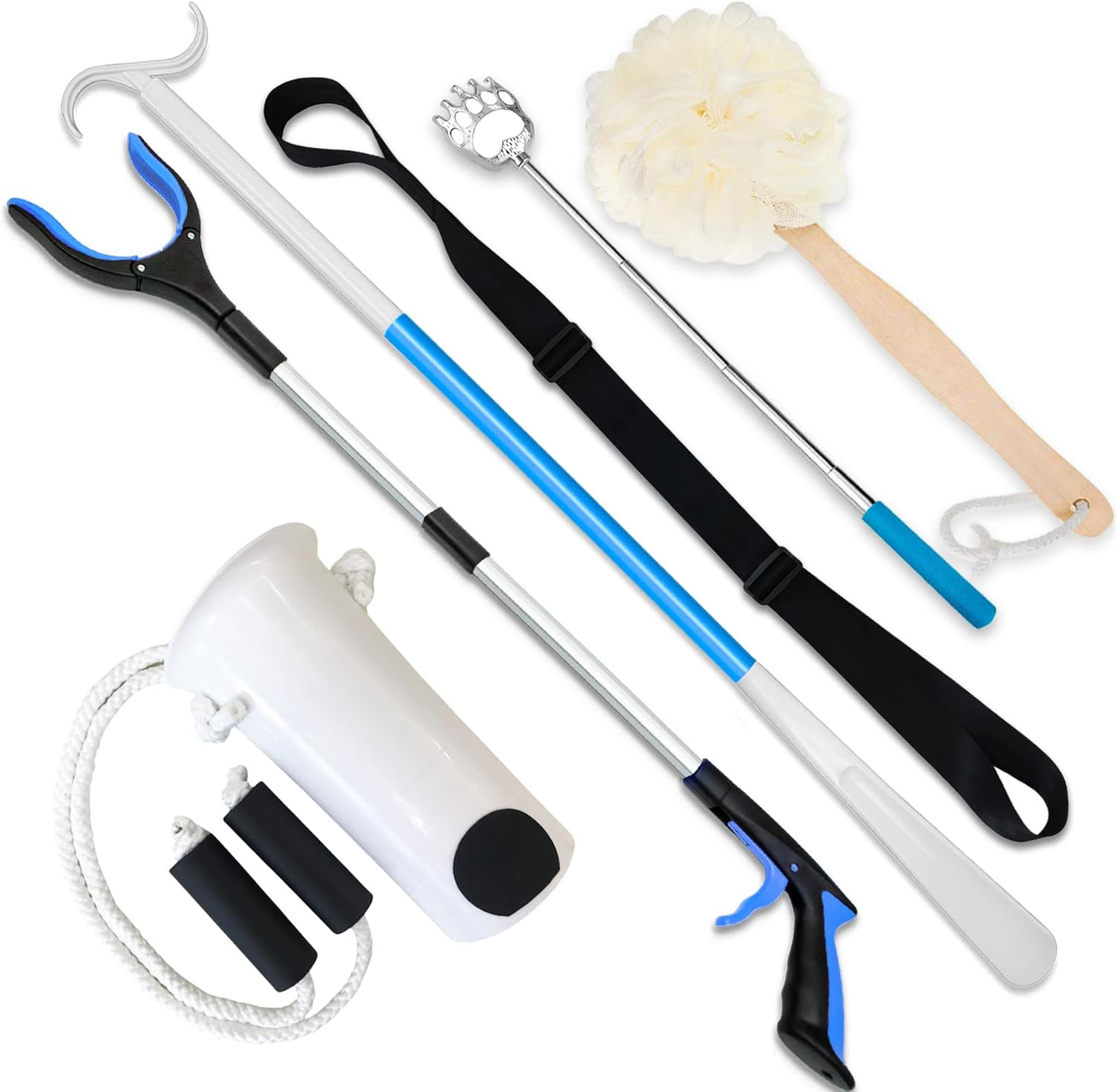 6PC Hip Kit, Hip Replacement Kit after Surgery,Hip Kit for Seniors Total Hip Replacement Prime-Grabber, Sock Aid,Shoehorn&Dressing Stick,Leg Strip,Back Scratcher,Bath Loofah, Hip Kit with Leg Lifter