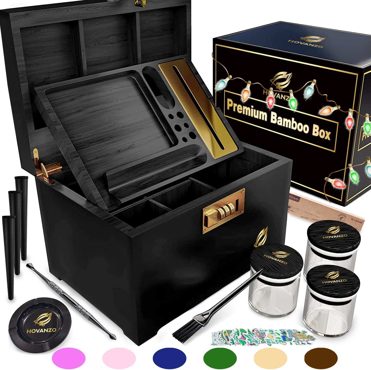 HOVANZO Premium Large Bamboo Storage Box with Removable Tray - Storage Wood Box 