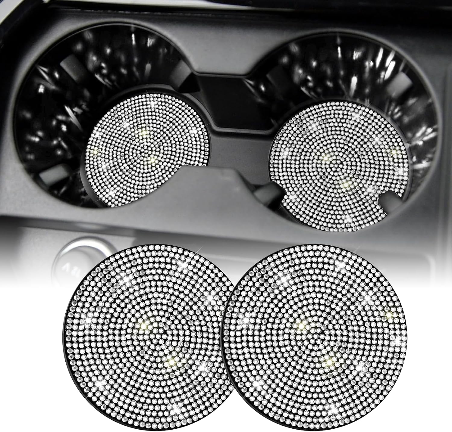 Bling Cup Holder Coasters for Car, 2PCS Universal Non-Slip Cup Holder, Embedded Decorative Coasters, Shiny Crystal Car Interior Accessories Gifts for Women (White)