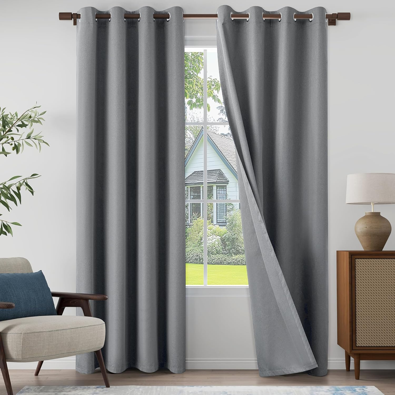 100% Blackout Linen Textured Curtains 95 Inch Length 2 Panels Set for Living Room, Bedroom, Light Weight Curtains with Grommets Top, Full Blackout Curtains Privacy Protection, Gray, 52
