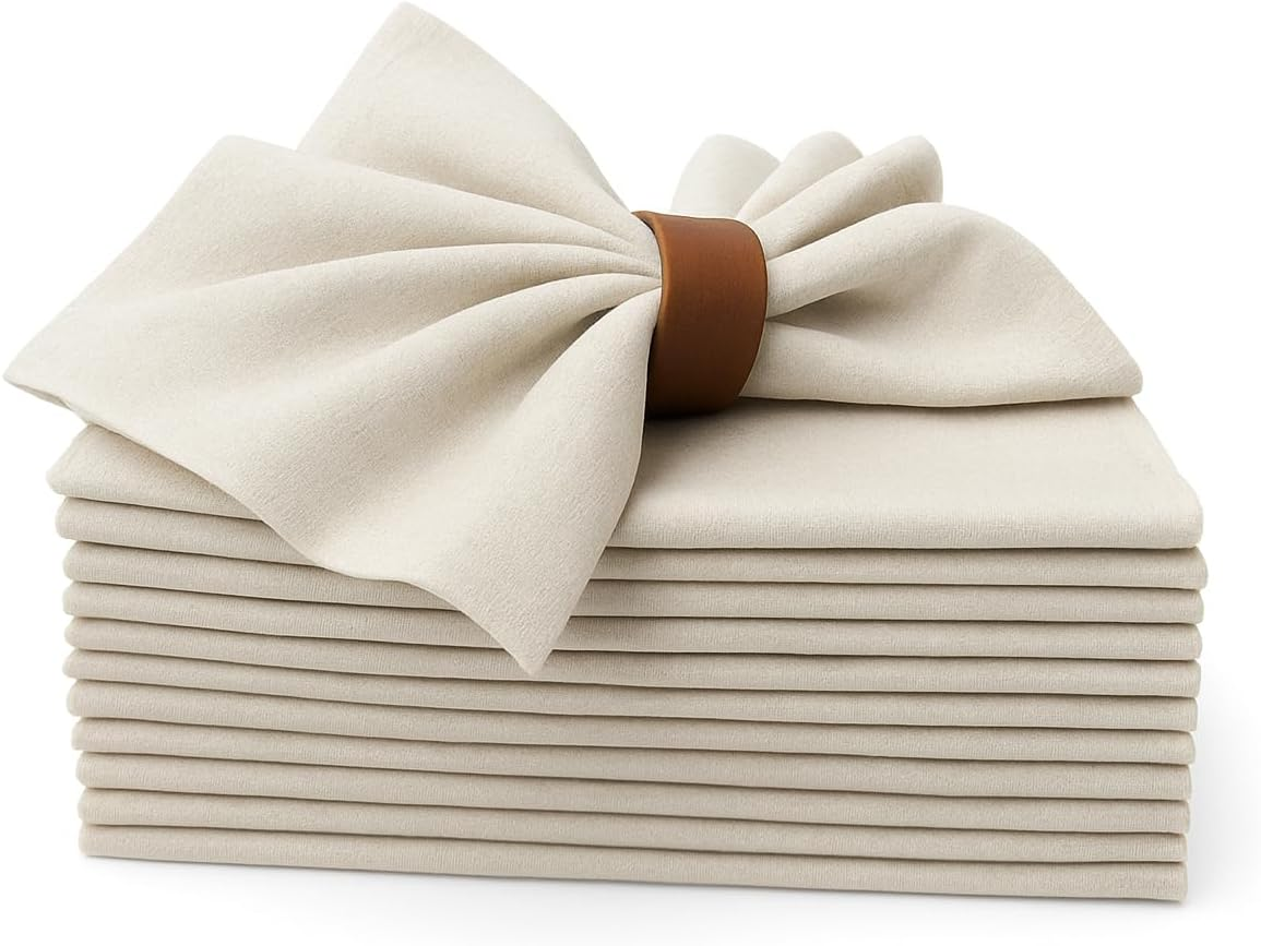 Cotton Cloth Dinner Napkins Set of 12, 18X18 Natural Premium Quality Mitered Corners Cotton Blend Wedding and Cocktail Napkins, Machine Washable (Cream)