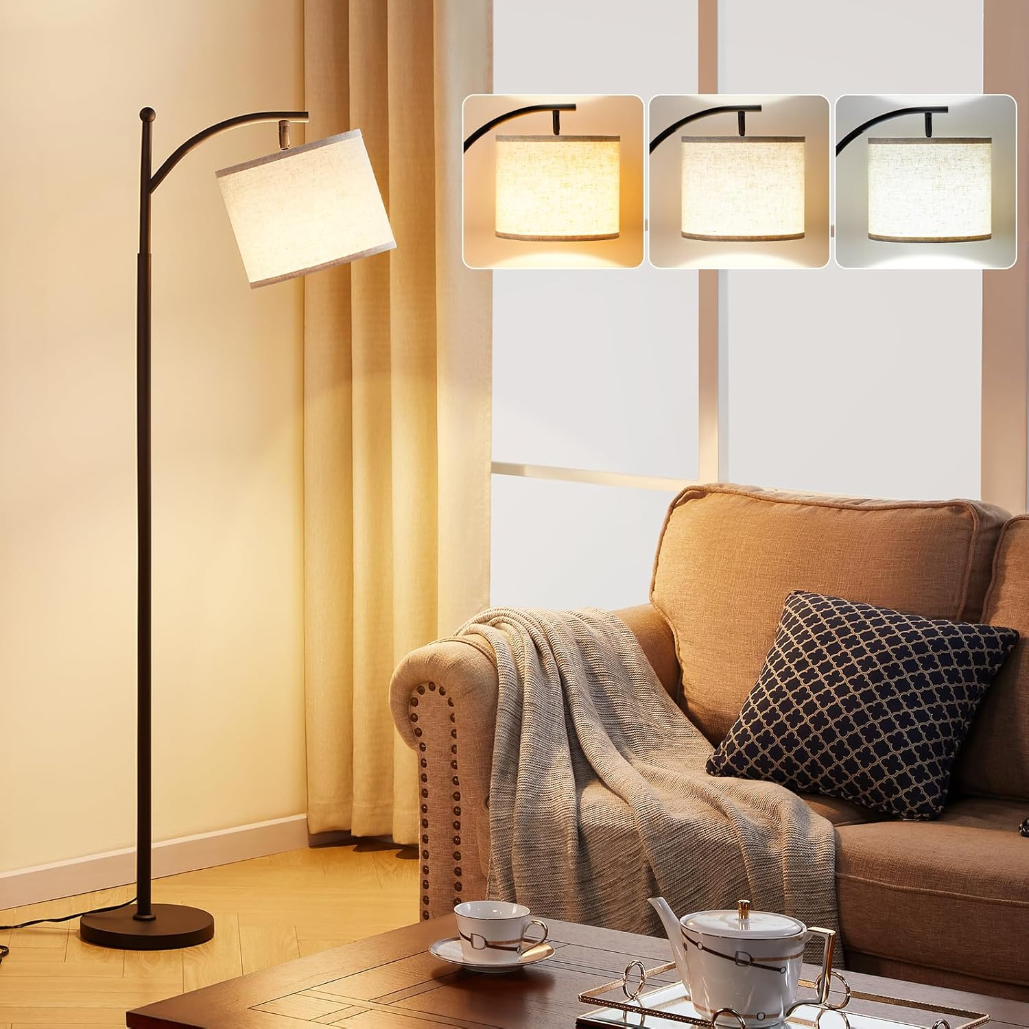 Floor Lamps for Living Room with 3 Color Temperatures LED Bulb, Standing Lamp Tall with Adjustable Beige Shade, Tall Lamps for Bedroom Office Classroom Dorm Room Apartment, 9W Bulb Included