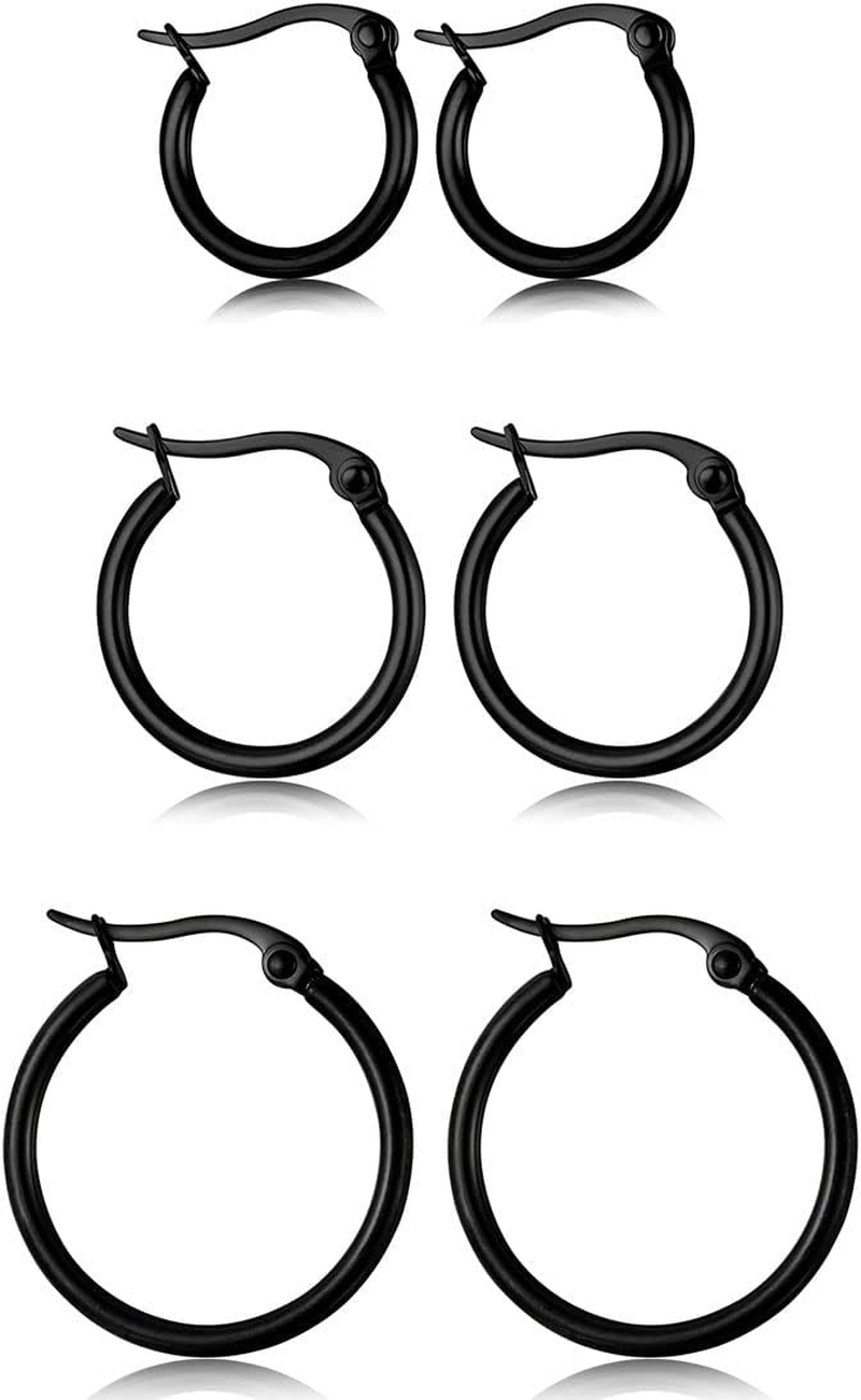 3 Pairs Stainless Steel Hoop Earrings Set for Women Mens Black Silver Gold Small Hoop Earring, Lightweight Click-Top Hoops Piercing 10-20MM