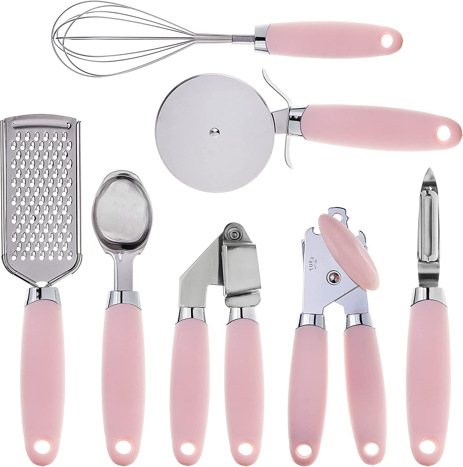 Kitchen Gadget Set Stainless Steel Utensils with Soft Touch Handles, 7 Pc. Stainless Steel, Pink