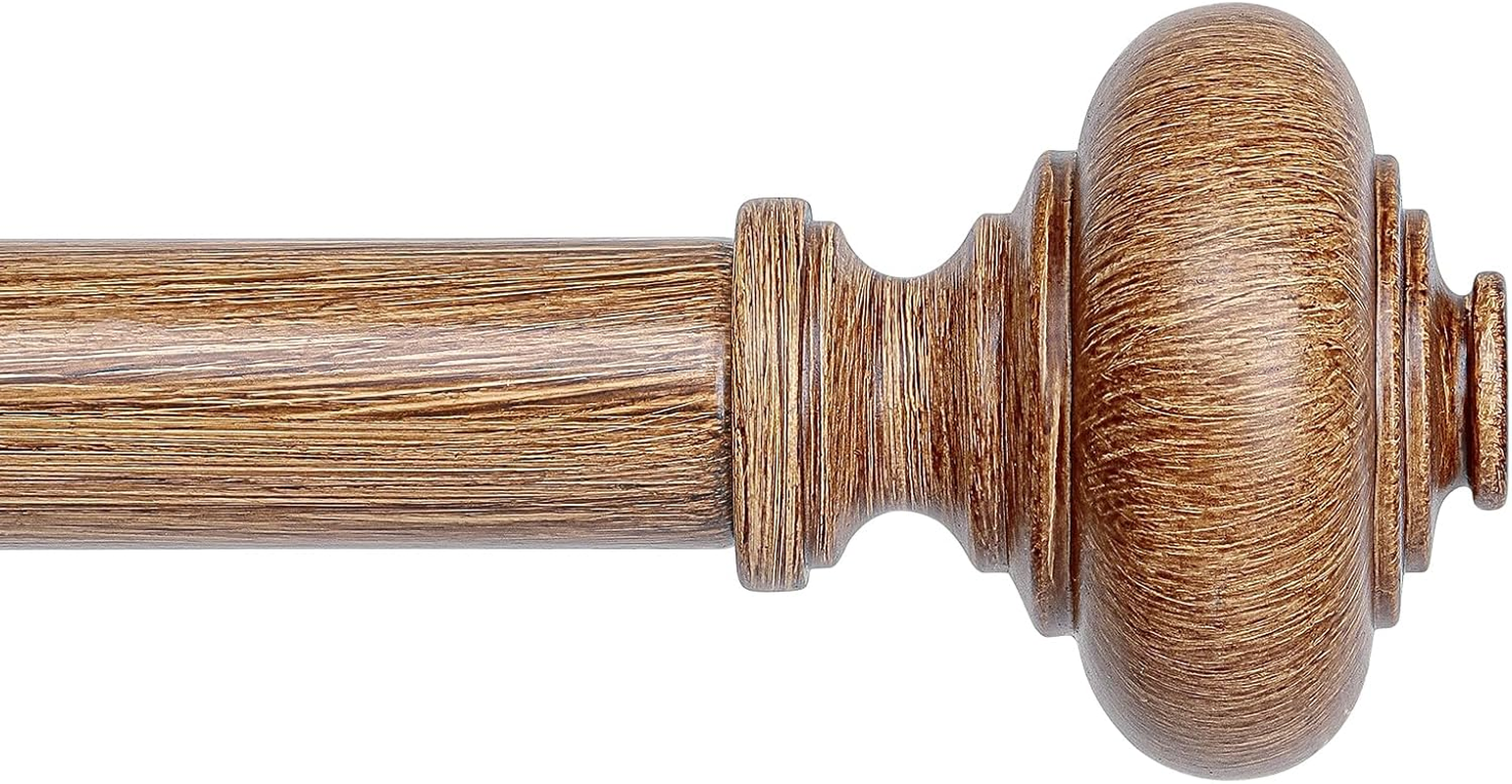 Wood Curtain Rods for Windows 48 to 84 Inch, Boho Vintage Decorative 1 Inch Diameter Wooden Curtain Rod, Adjustable Heavy Duty Rustic Farmhouse Drapery Pole with Imitation Wood Grain Finials
