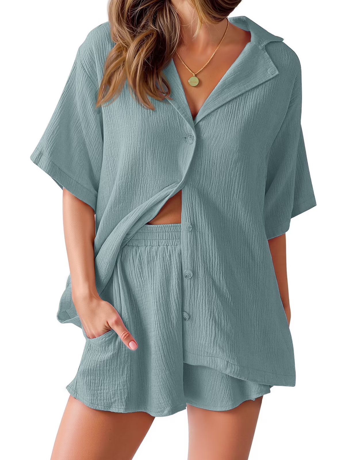 2 Piece Womens Outfit Sets Button down Shirts and Shorts Casual Lounge Sets Short Sleeve Pajamas Sets Summer Loungewear