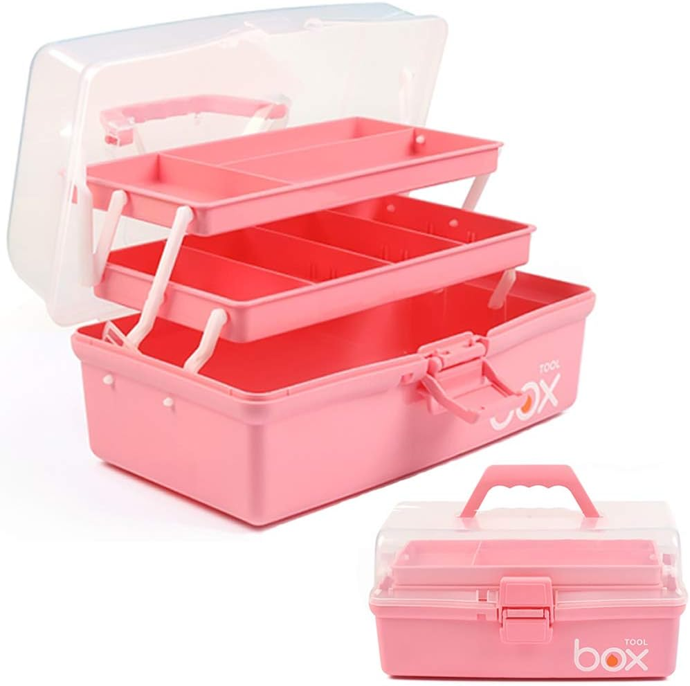 12in 3-Layer Plastic Craft Organizers and Storage, Portable Folding Tackle Box with Handle & Adjustable Dividers, Multipurpose Case for Sewing, Art Supplies, Medicine, Tools (Pink)