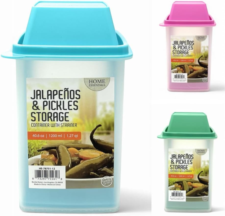 Pickle Container with Strainer, Cucumber Jalapeno Olive Keeper with Strainer for Mess-Free Storage of Condiment Food, 40.6 oz Size (Blue)