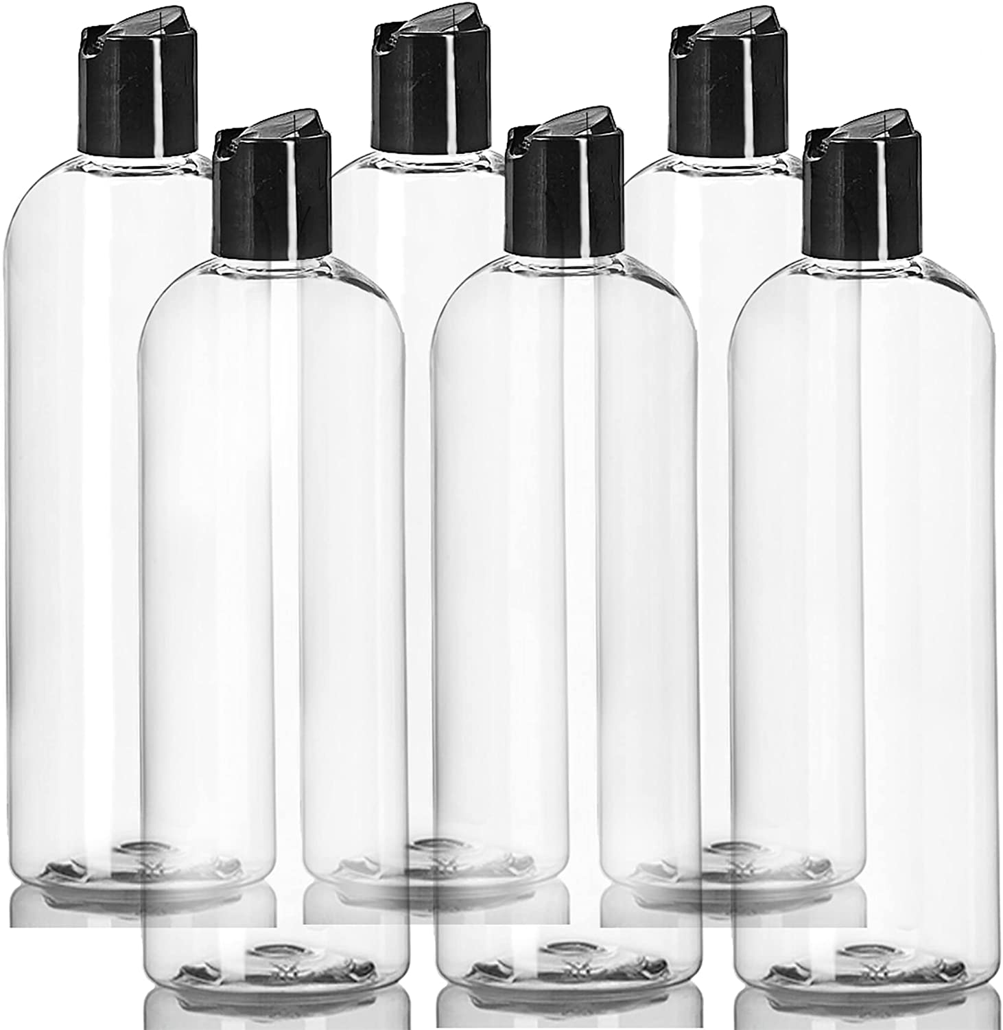 16 oz Clear Plastic Empty Bottles with Black Disc Top Caps, Squeezable Refillable Containers for Shampoo, Lotions, Cream and more Pack of 6, BPA Free, Made in USA