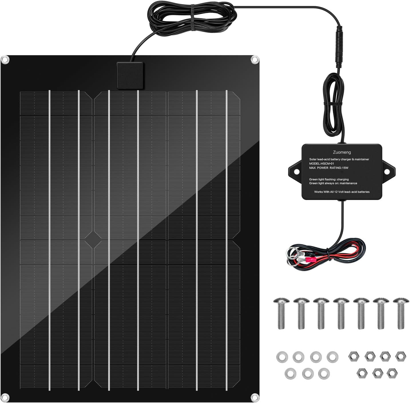 Solar Battery Charger Maintainer, Zuomeng 15W Solar Panel Kit for Dump Trailer Built-In Maintenance Pulse & Intelligent MPPT Charge Controller, Waterproof, Suitable for 12V Lead-Acid Battery