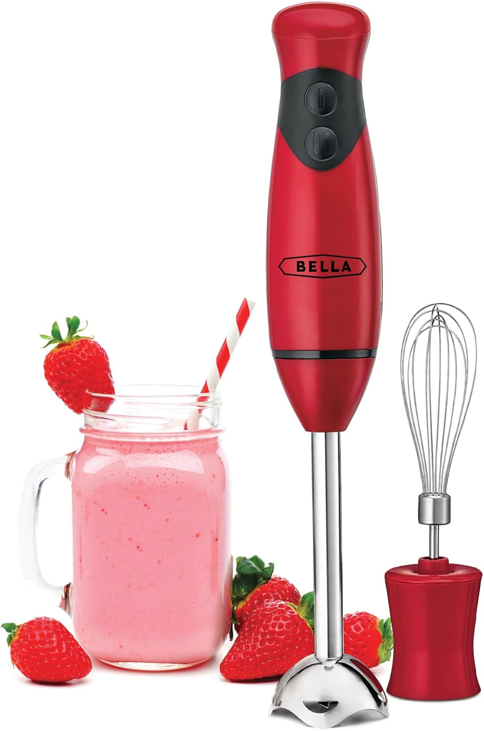 Immersion Hand Blender, Portable Mixer with Whisk Attachment - Electric Handheld Juicer, Shakes, Baby Food and Smoothie Maker, Stainless Steel, Red