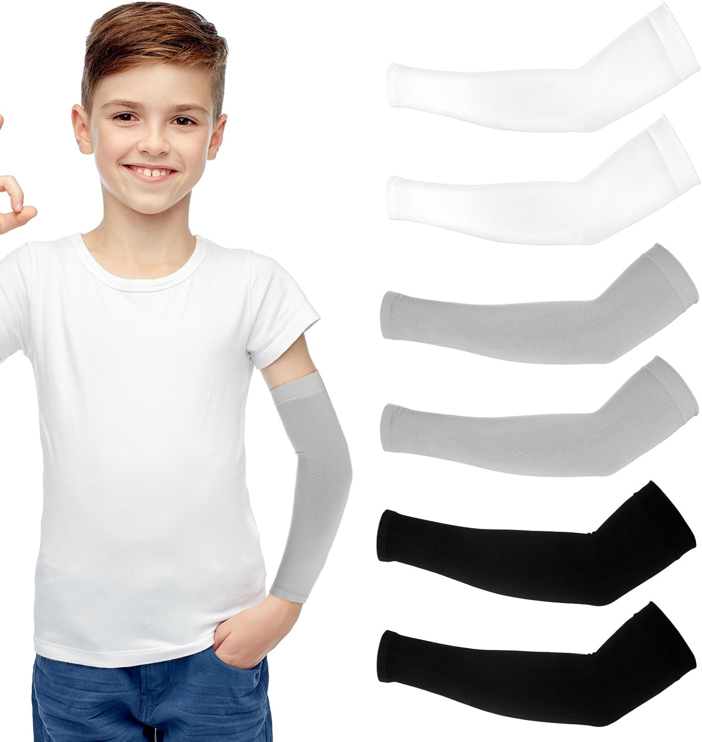 3Pairs Kids Arm Sleeves Thinly UV Sun Protection Cooling Arm Compression Sleeves, Outdoor Sport Breathable Elastic Ice Sleeve for Youth Boys Girls (7-12 Years) (Black&White&Grey)