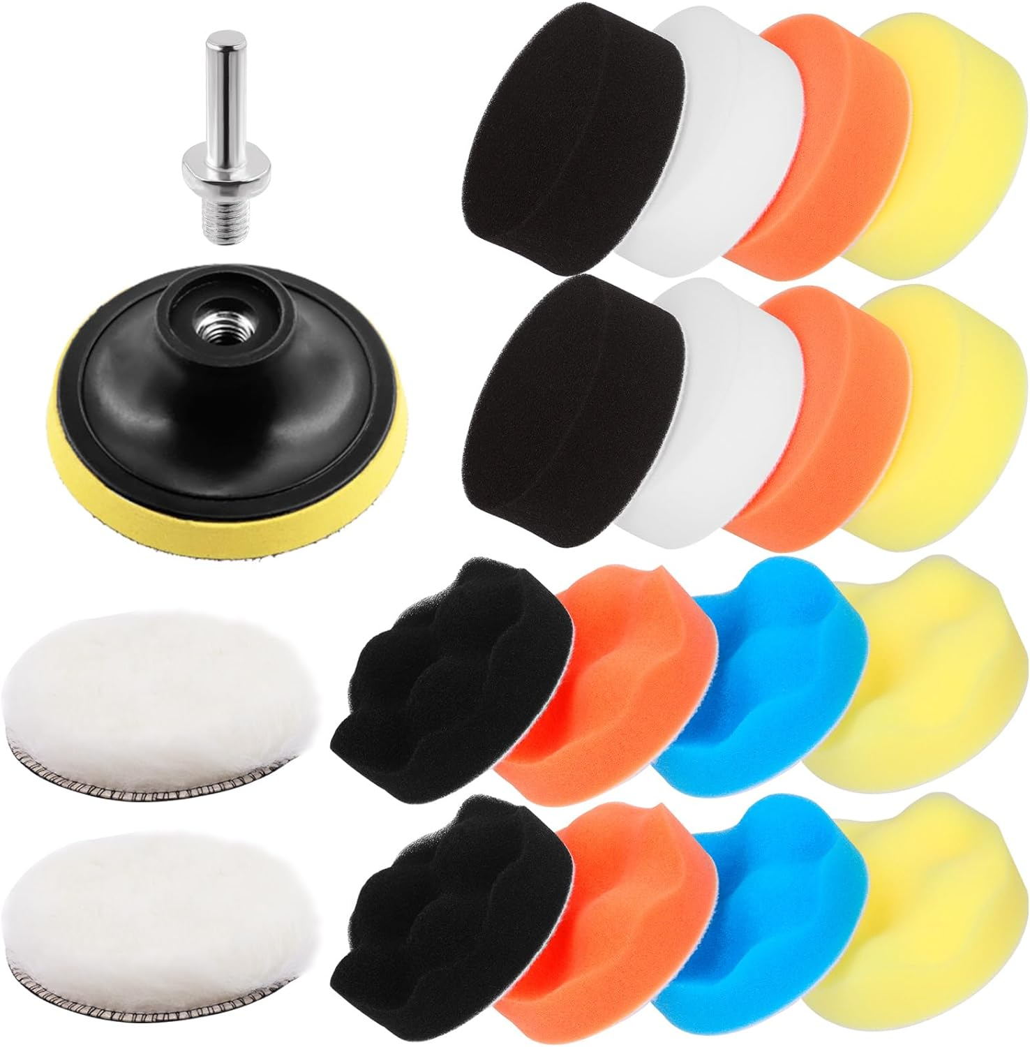 22Pcs 3 Inch Car Foam Drill Polishing Pad Kit, 5 Colors 3 Inch Sponge Buffing Pads, 3 Inch Woolen Buffer Pads, Suction Cup with M10 Drill Adapter for Car Polishing Waxing Sealing Glaze