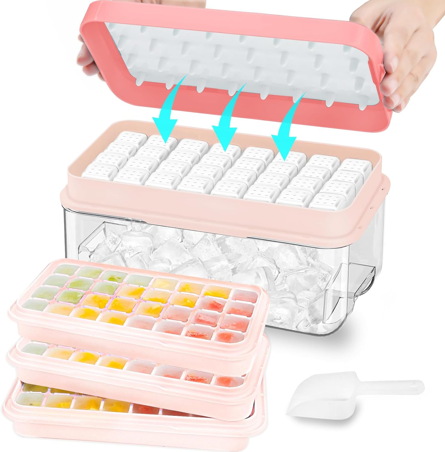 Ice Cube Tray Set with Lid, Bin, and Scoop - Pink