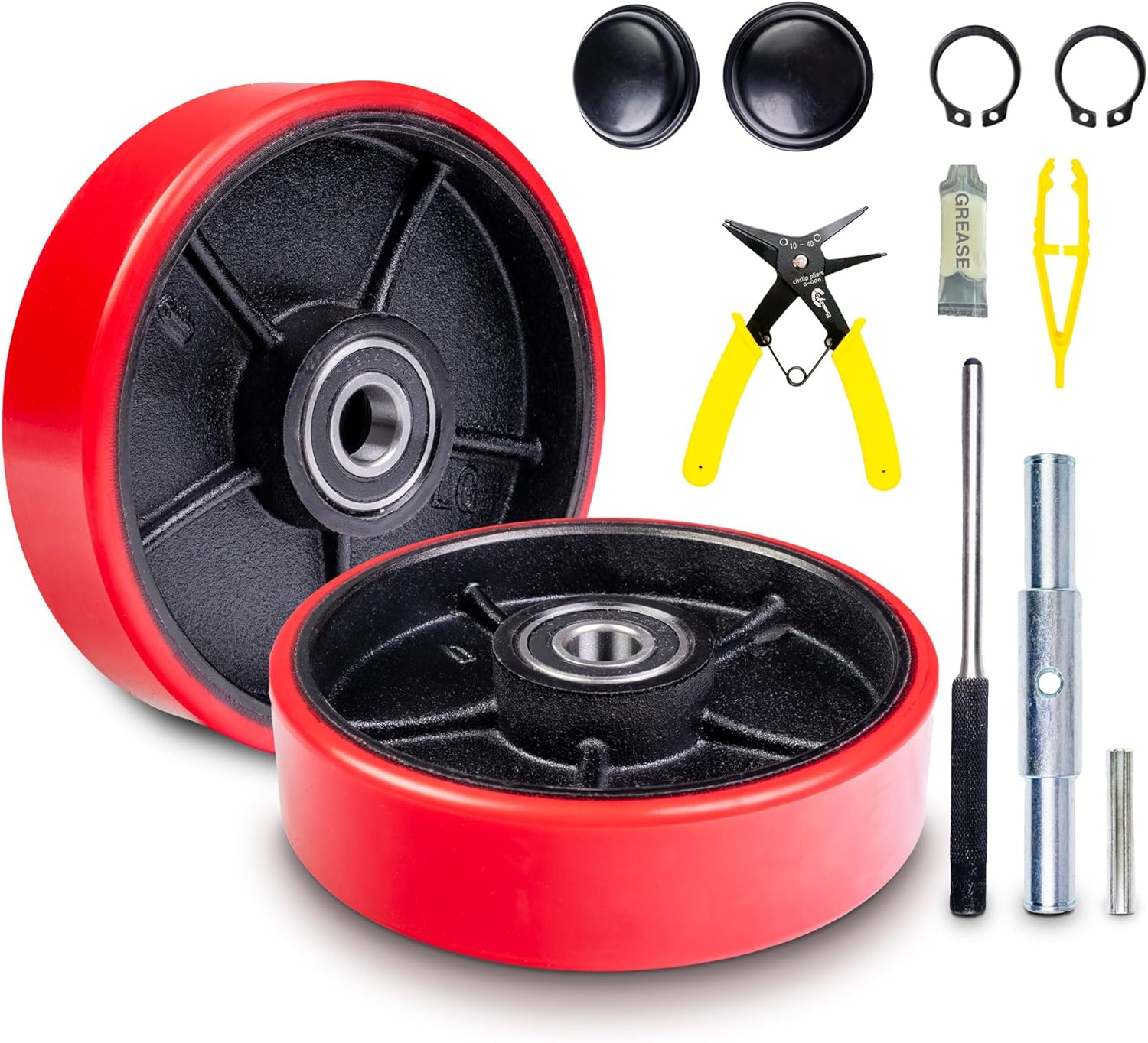 Pallet Jack/Truck Steering Wheels Set with Axle, Fasteners and Protective Caps (4 Pcs) 7" X 2" with Bearings ID 20Mm Poly Tread Red, Tool Kit Included