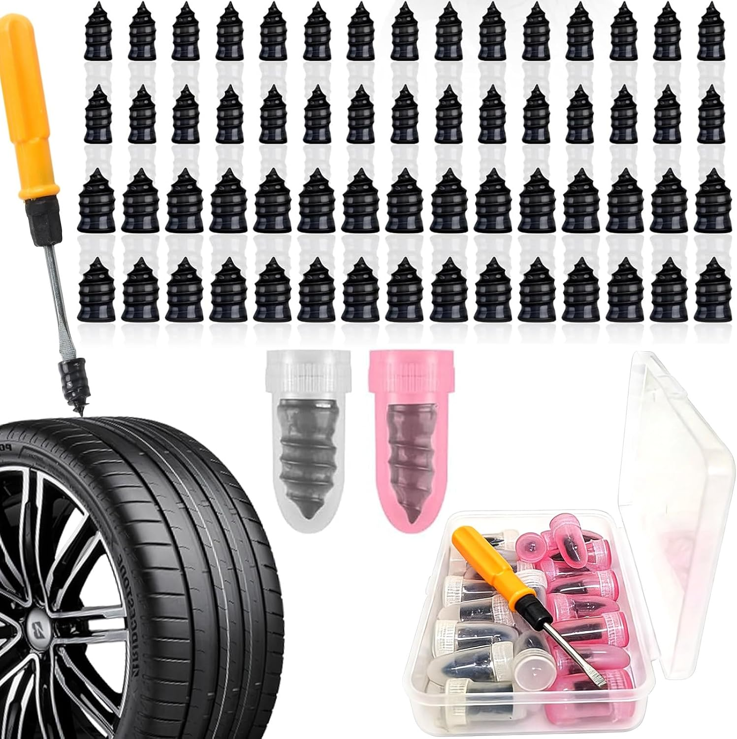60-Piece Tyre Repair Kit, Tyre Repair Screw Plugs, Rubber Studs Car Tire Puncture Repairs Kit, Suitable for Universal Tire Repair for Cars, Motorcycles and Bicycles (30S+30L with Screwdriver)