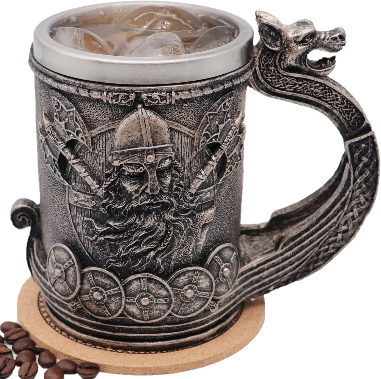 Medieval Viking Mug Beer Stein Tankard,Stainless Steel Drinking Tankard Mug Coffee Cup,Norse Mythology Poetic Gothic Decor Party Decoration Drinkware Gift for Men18Oz(Drakkar Warrior)