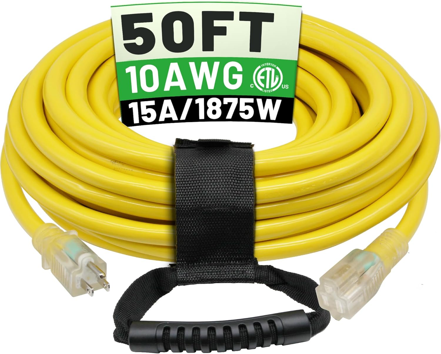 50 Ft 10AWG Outdoor Extension Cord Waterproof Heavy Duty 10 Gauge 3 Prong, Flexible Cold-Resistant Long Power Cord outside with Lighted Indicator End, 15Amp 1875W SJTW Yellow ETL Listed