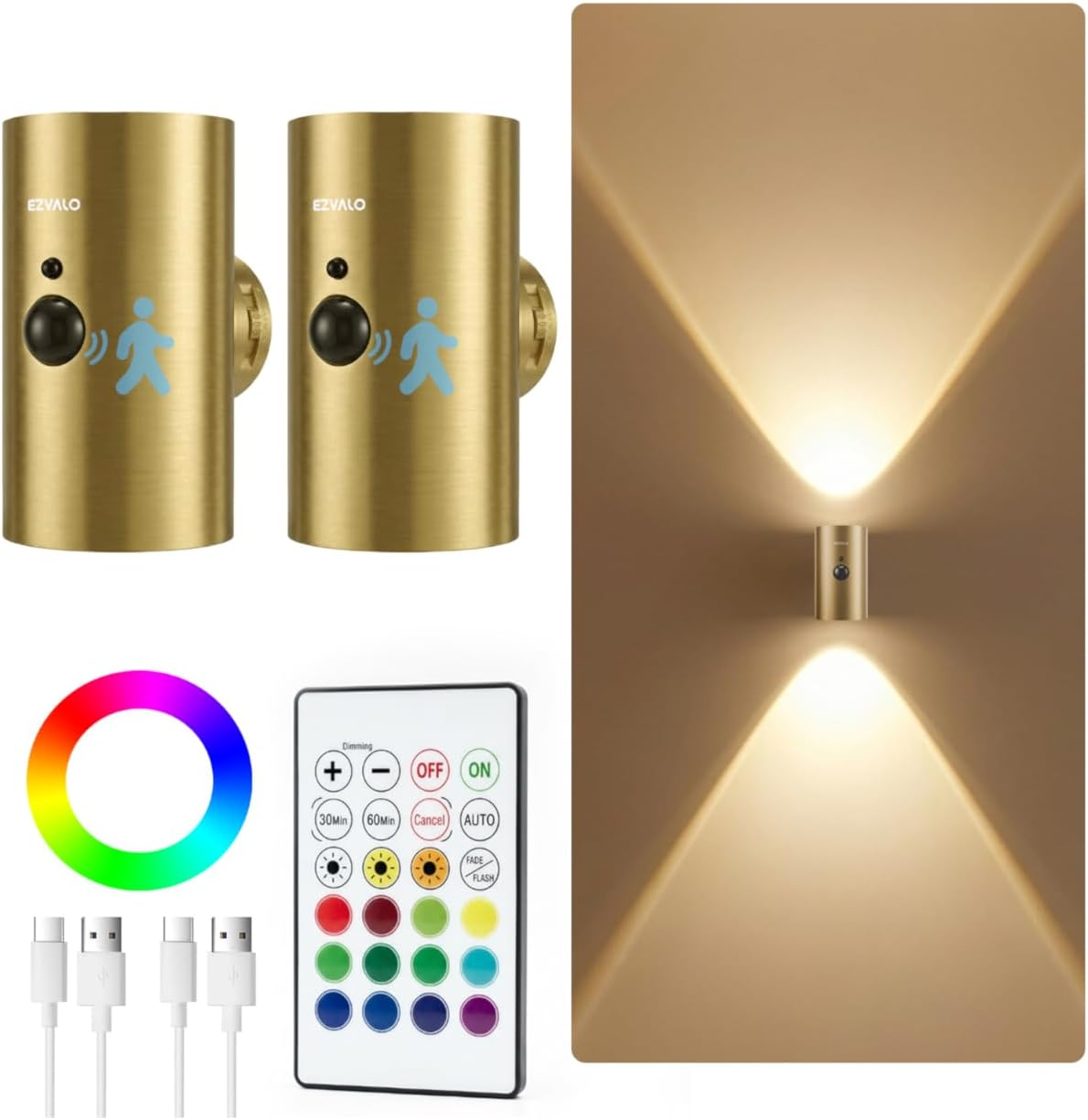 Motion Sensor Wall Sconces with Remote, Rechargeable Battery Operated 4000Mah Wall Lights, 3 Color Temperatures & 12 RGB, Wireless LED Lighting for Hallway, Living Room (Brass Gold, 2 Pack)