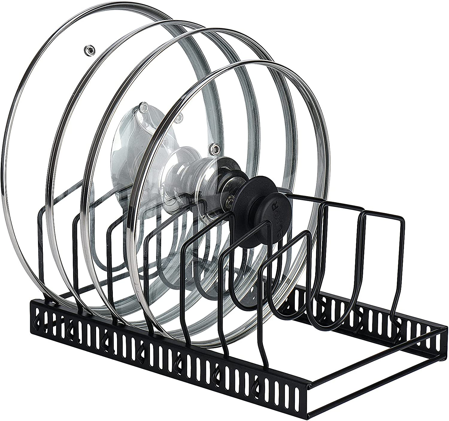 Pot Lids Organizer Rack for Cabinet and Countertop, 7+ Pan Lids and Bakeware Organizer Rack Holder with 7 Adjustable Compartments - Black