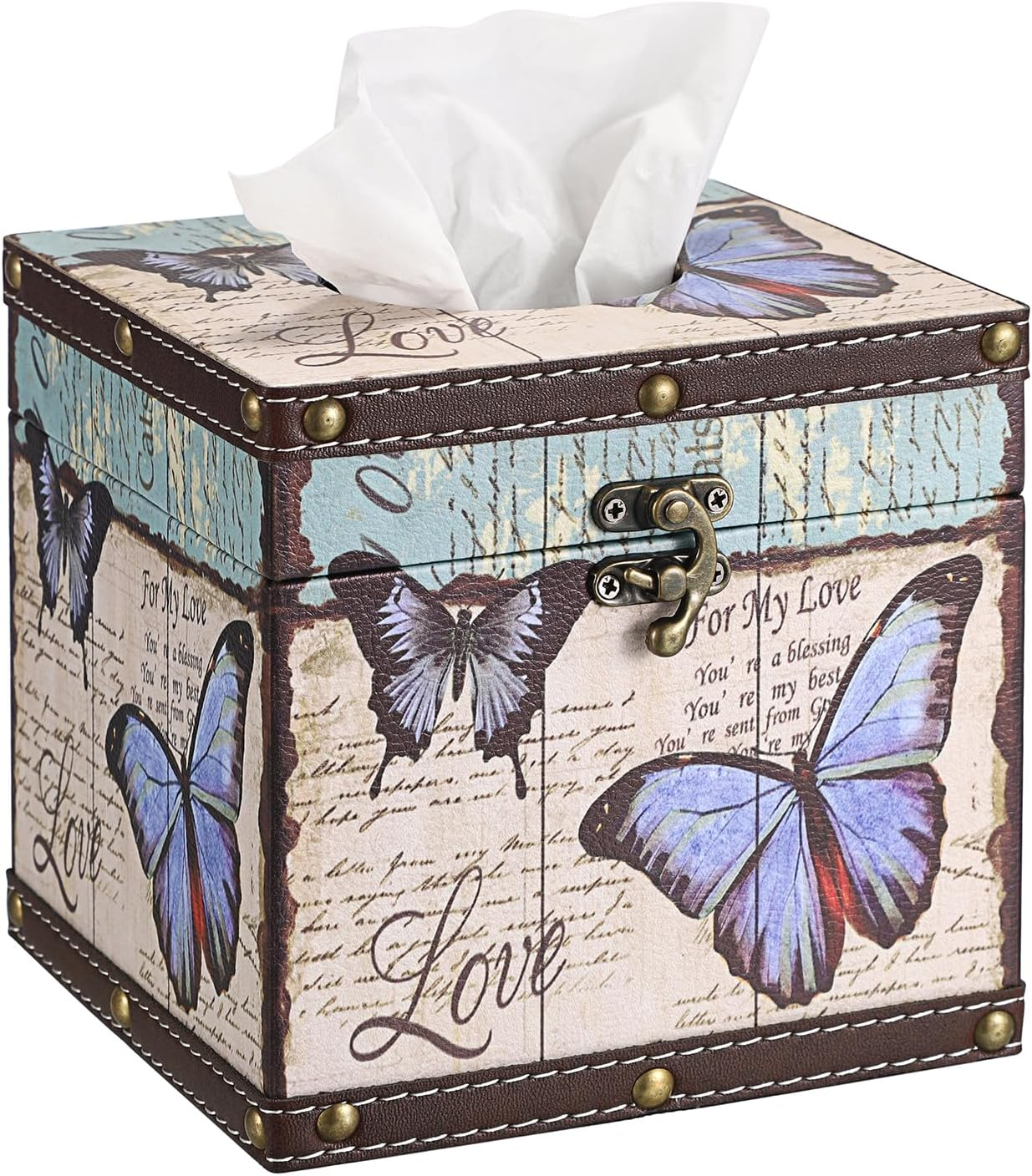 Vintage Tissue Box Cover, Wood Square Tissue Box Holder, Decorative Butterflies Design Faux Leather Tissue Holders for Table Bathroom Living Room Kitchen Office Car Home Decor, Bluish Purple