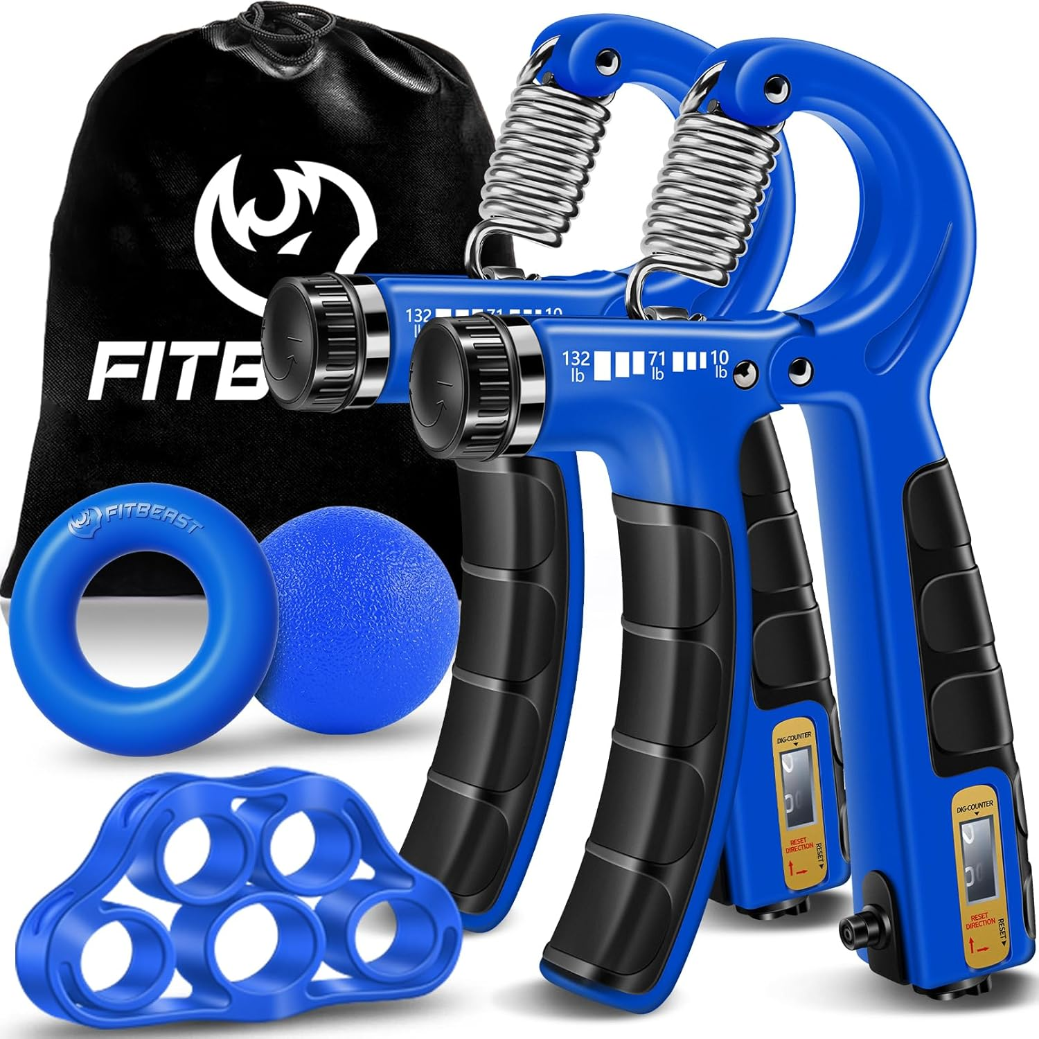 Fitbeast Hand Grip Strengthener Workout Kit (5 Pack), 2 Forearm Grip Adjustable Resistance Hand Gripper, Finger Stretcher, Grip Ring & Stress Relief Grip Ball for Athletes