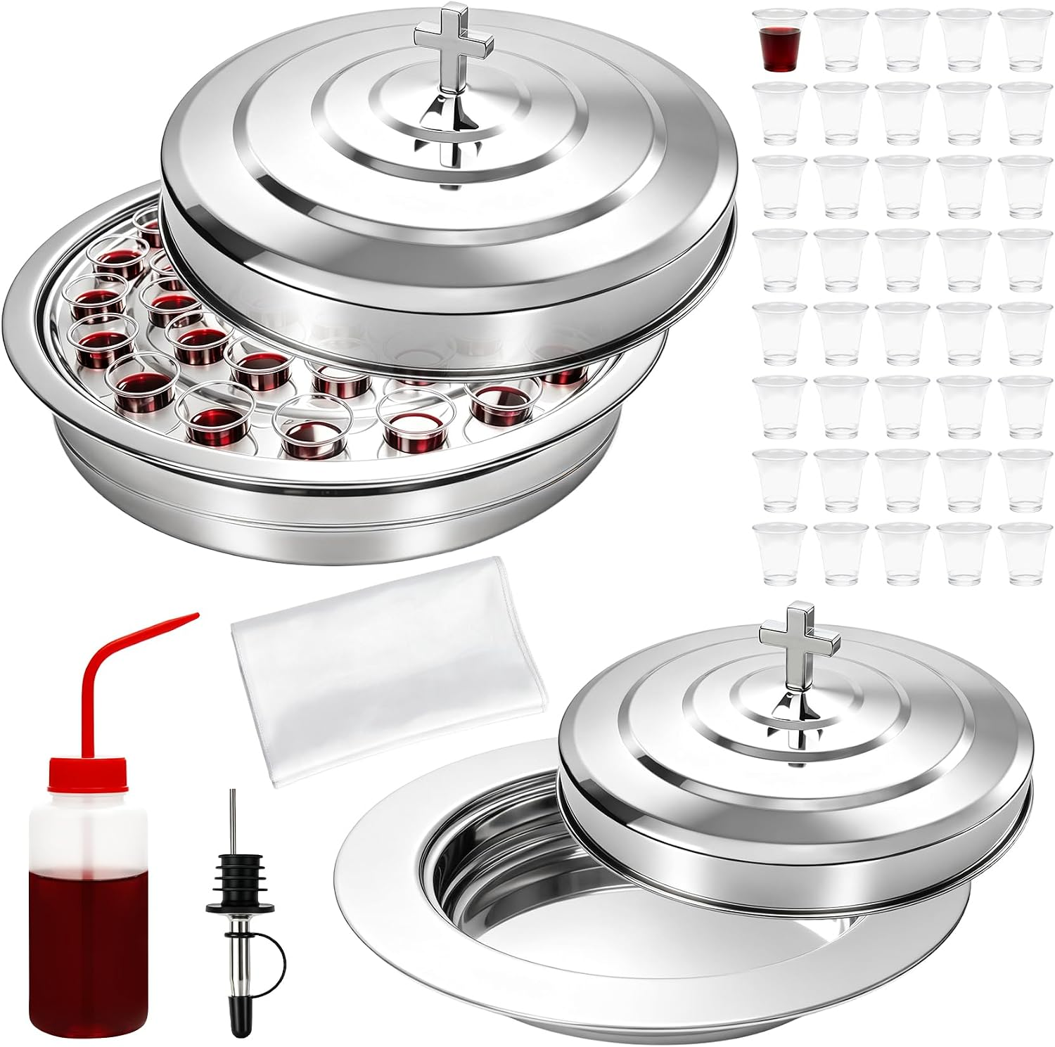Communion Set Holy Trays for Churches with Lid, 2 Pcs Stainless Steel Communion Tray Set Includes 100 Disposable Cups and Cup Filler, Communion Table Cloths, Silver