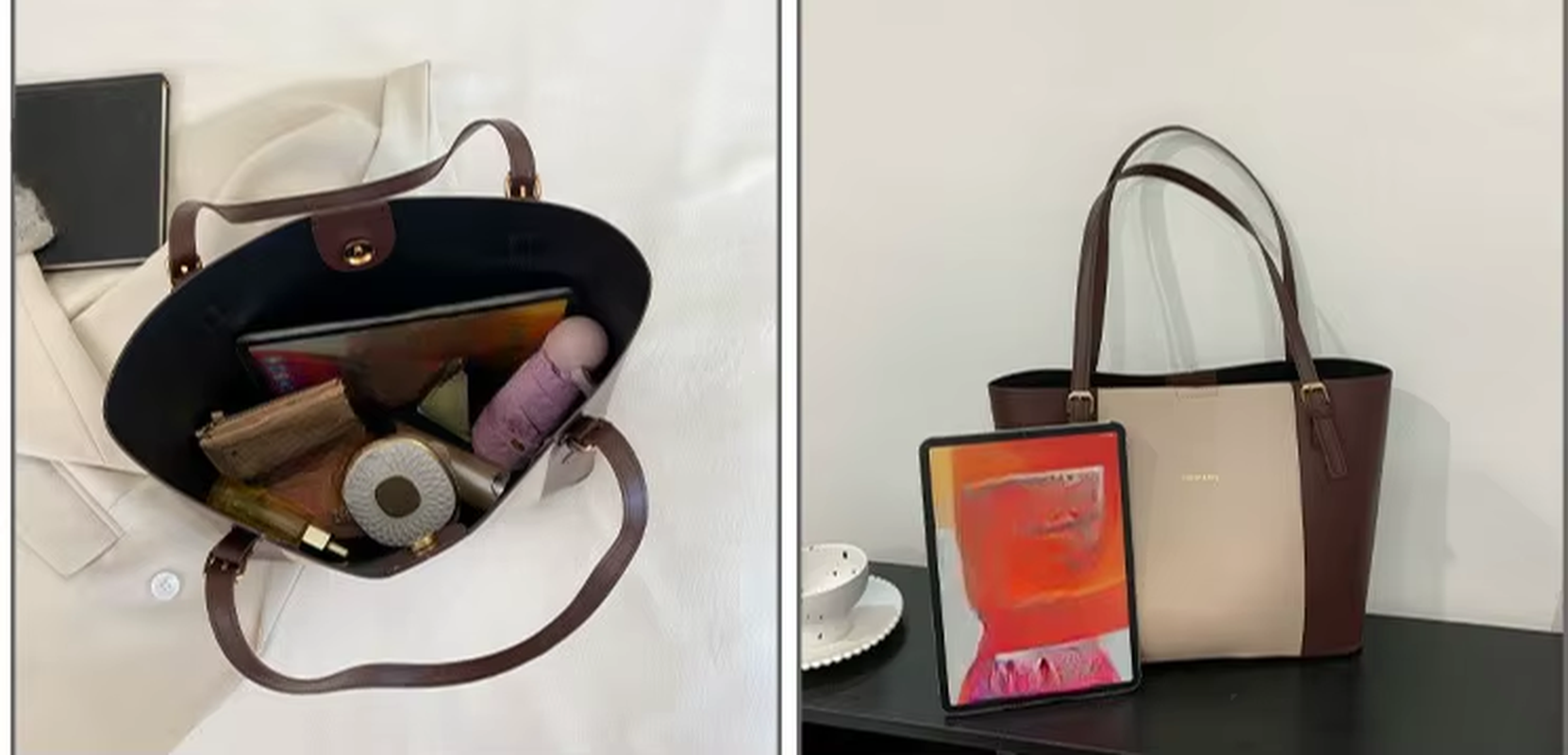 Trendy Women'S Large Capacity Leather Handbag Contrasting Solid Color PU Shopping Bag with Zipper Closure