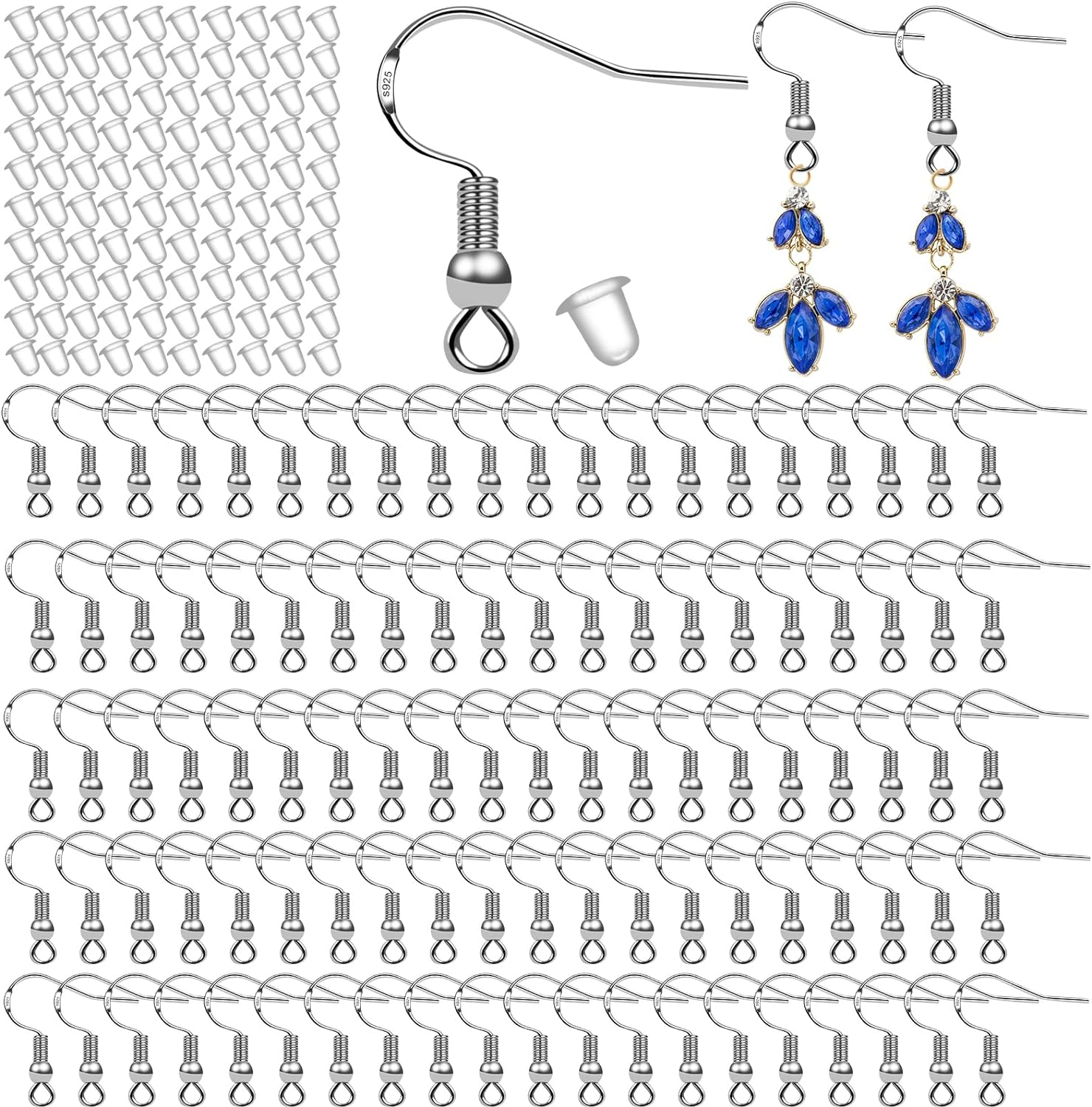 100 PCS/50 Pairs 925 Sterling Silver Earring Hooks Fish Hook Ear Wires French Wire Hooks Hypo-Allergenic Jewelry Findings Earring Parts DIY Making with 100 PCS Clear Rubber Earring Safety Backs