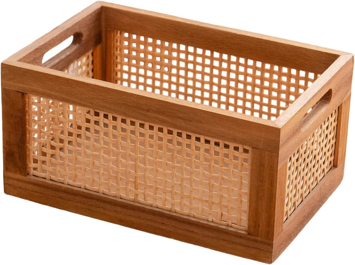 Hand Woven Bamboo and Wood Storage Box, Rectangular Woven Basket, Suitable for Shelves, Desks, Bathroom Environmentally Friendly Home Organization