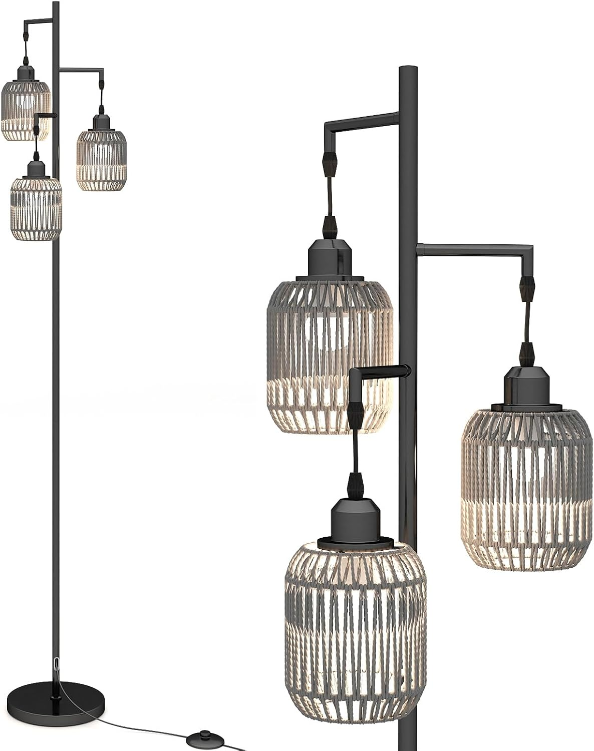 3-Light Floor Lamp, Standing Corner Lamp with Paper-Woven Lampshades, E27 Sockets & Foot Switch, 173Cm Tall Tree Reading Floor Light for Living Room Bedroom Office, Bulbs Not Included (Black)
