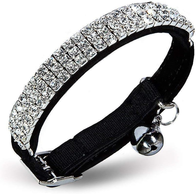 Soft Velvet Safe Cat Bell Collar, Adjustable Mini Bling Diamante with Bells, Safety Quick Releas Belt 11 Inch for Small Dogs and Cats (Black)
