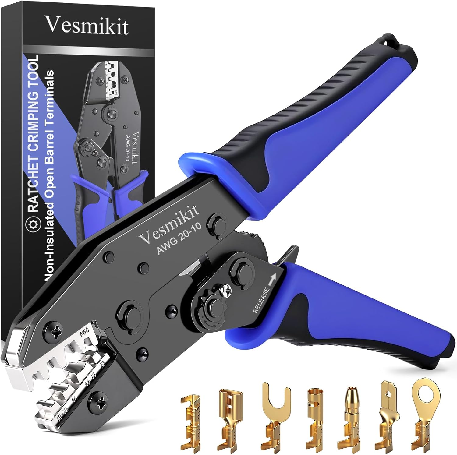 Ratchet Crimping Tool Non-Insulated Open Barrel Terminals AWG 20-10 Wire Crimper