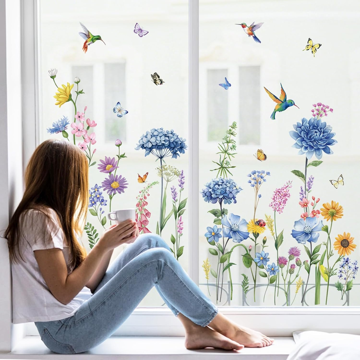 Wondever Spring Garden Flower Window Clings Hummingbird Floral Butterfly Glass Decal anti Collision Double-Side Static Window Stickers for Home Glass Window