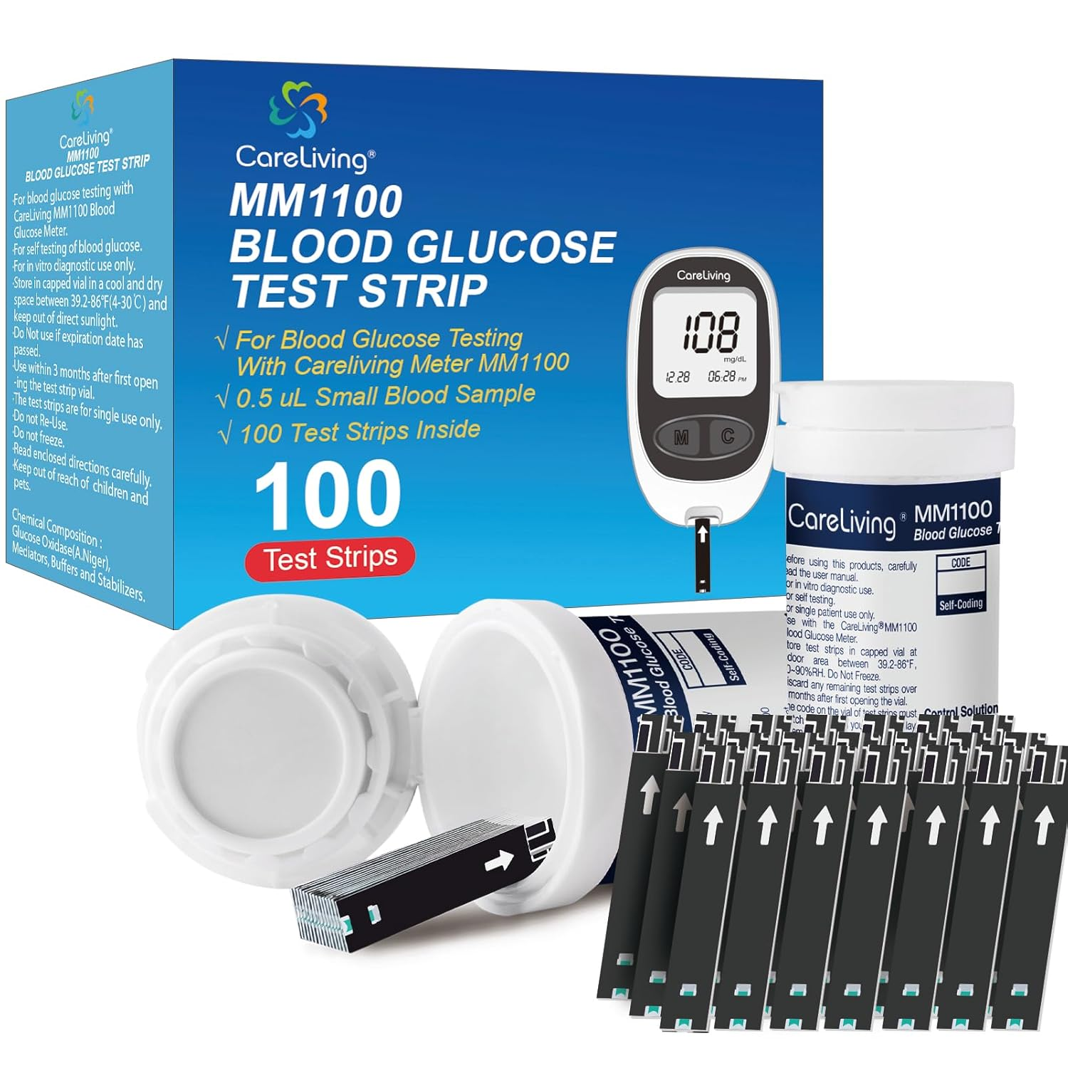 Careliving MM1100 Blood Glucose Test Strips, for Diabete Sugar Testing, 100 Count