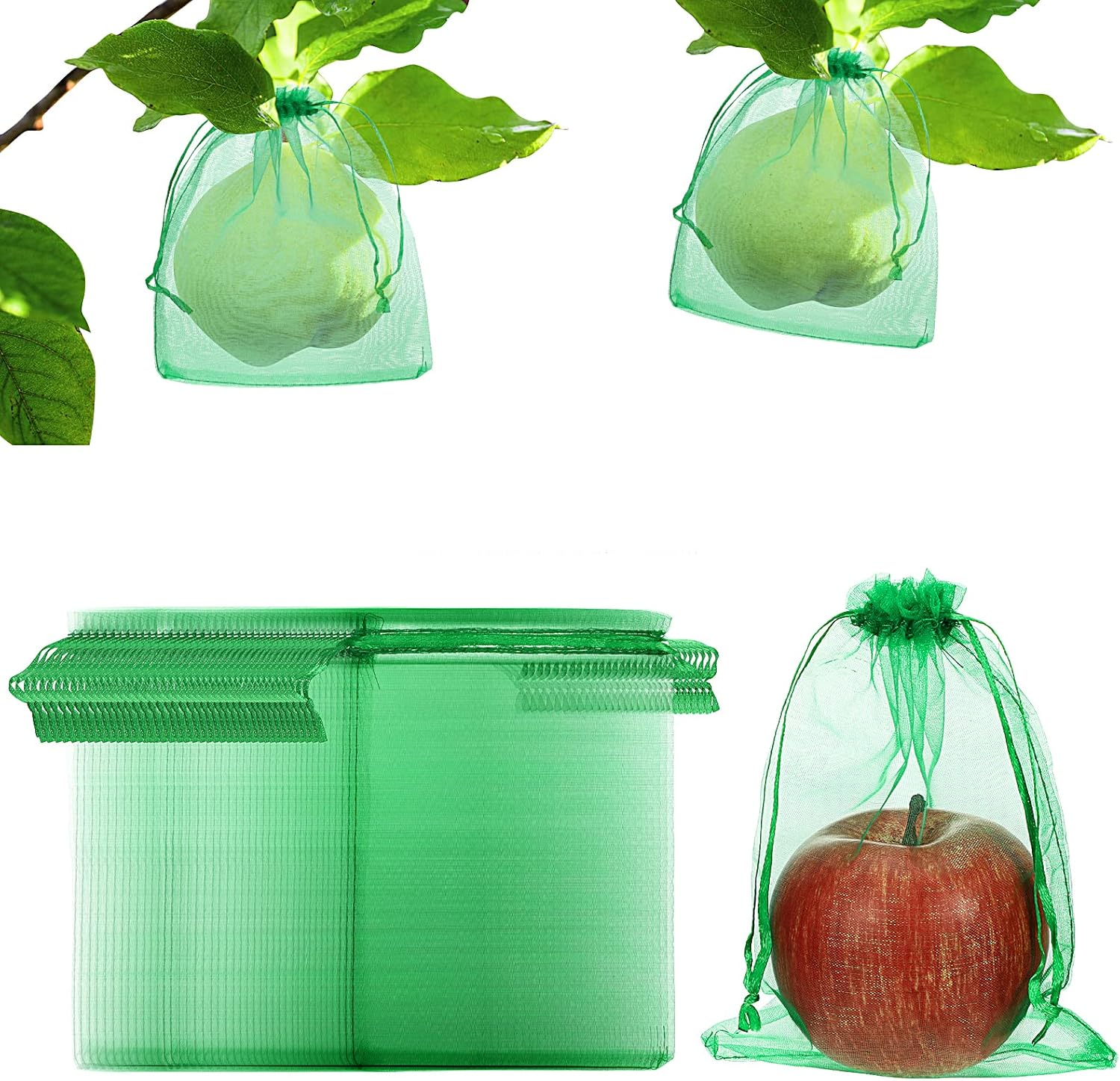 100 Pcs Fruit Protection Bags, Fruit Netting Bags for Fruit Trees Fruit Garden Cover 5 X 7 Inch Mesh Bag with Drawstring Netting Barrier Bags for Protecting Plant,Fruit,Flower and Vegetables (Green)