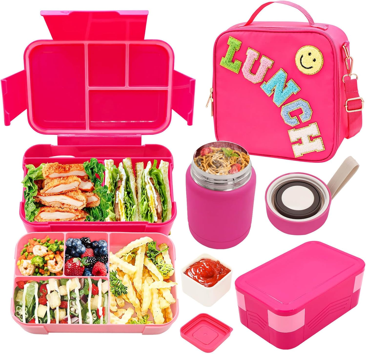 Bento Lunch Box Set for Kids with 10Oz Thermo Food Jar, Leak-Proof Lunch Containers with 6 Compartment, Nylon Preppy Lunch Bag with Adjustable Strap for Girls School Travel Picnic