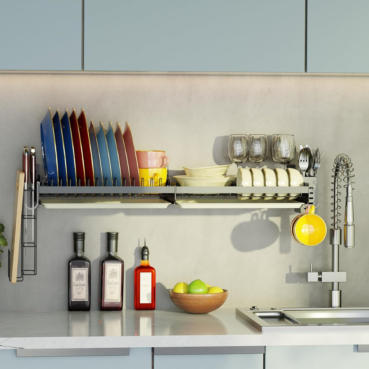Hanging Wall Mounted Dish Drying Rack with Cutting Board Rack*1, Hook*4, Drain Tray*2, Apartment & RV Wall Mounted Dish Rack, Adhesive Mountable, Mounted Length: 31.8