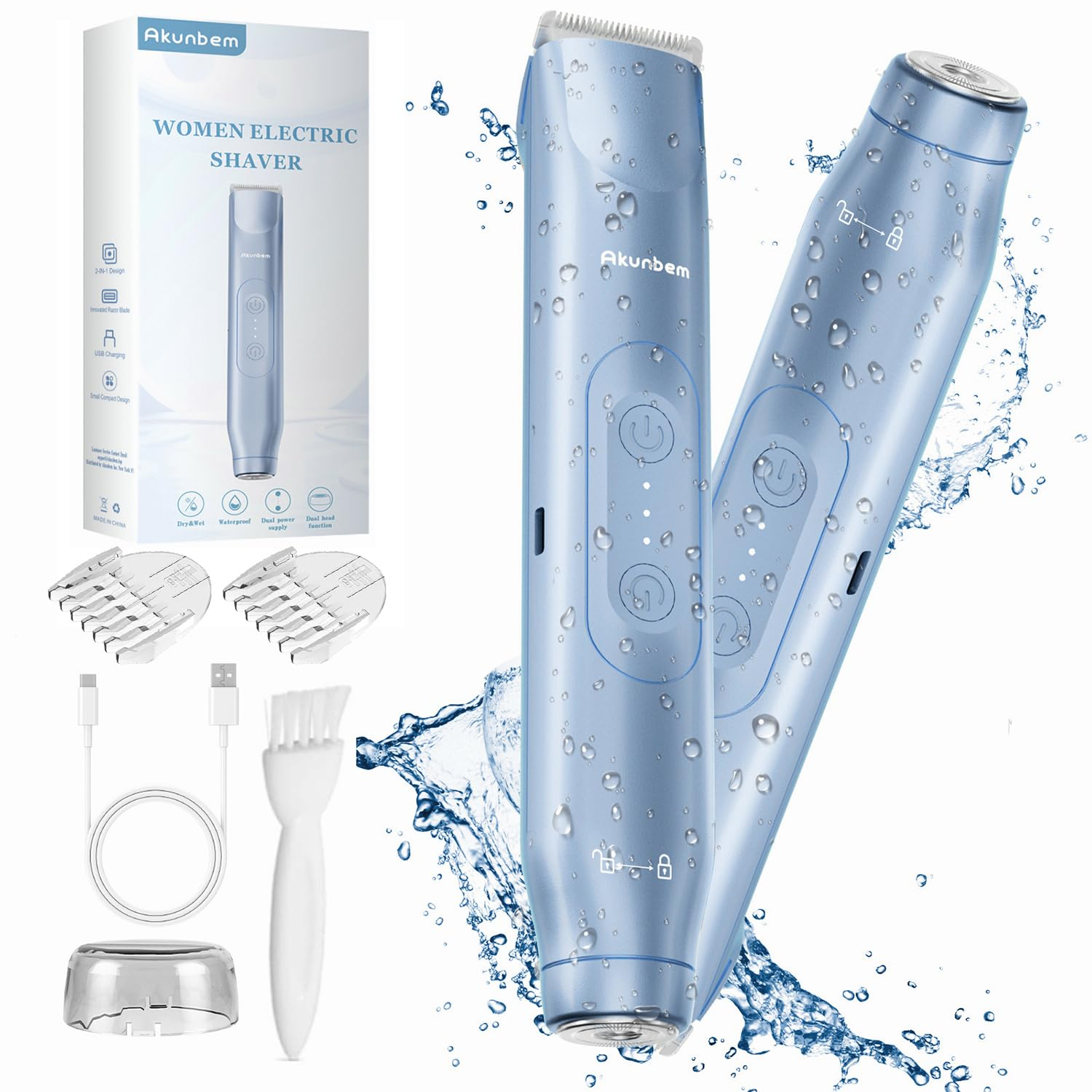 2 in 1 Women Electric Shaver Dual Head Bikini Trimmer for Women IPX7 Waterproof Wet & Dry Use Body Hair Trimmer and Facial Hair Remover for Bikini Underarm Leg Arm Body Face, Blue