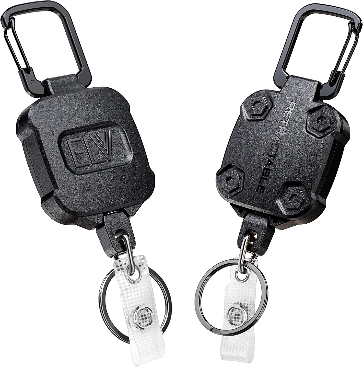 2 Pack ELV Self Retractable ID Badge Holder Key Reel, Heavy Duty, 32 Inches Cord, Carabiner Key Chain, Hold up to 15 Keys and Tools (Black)