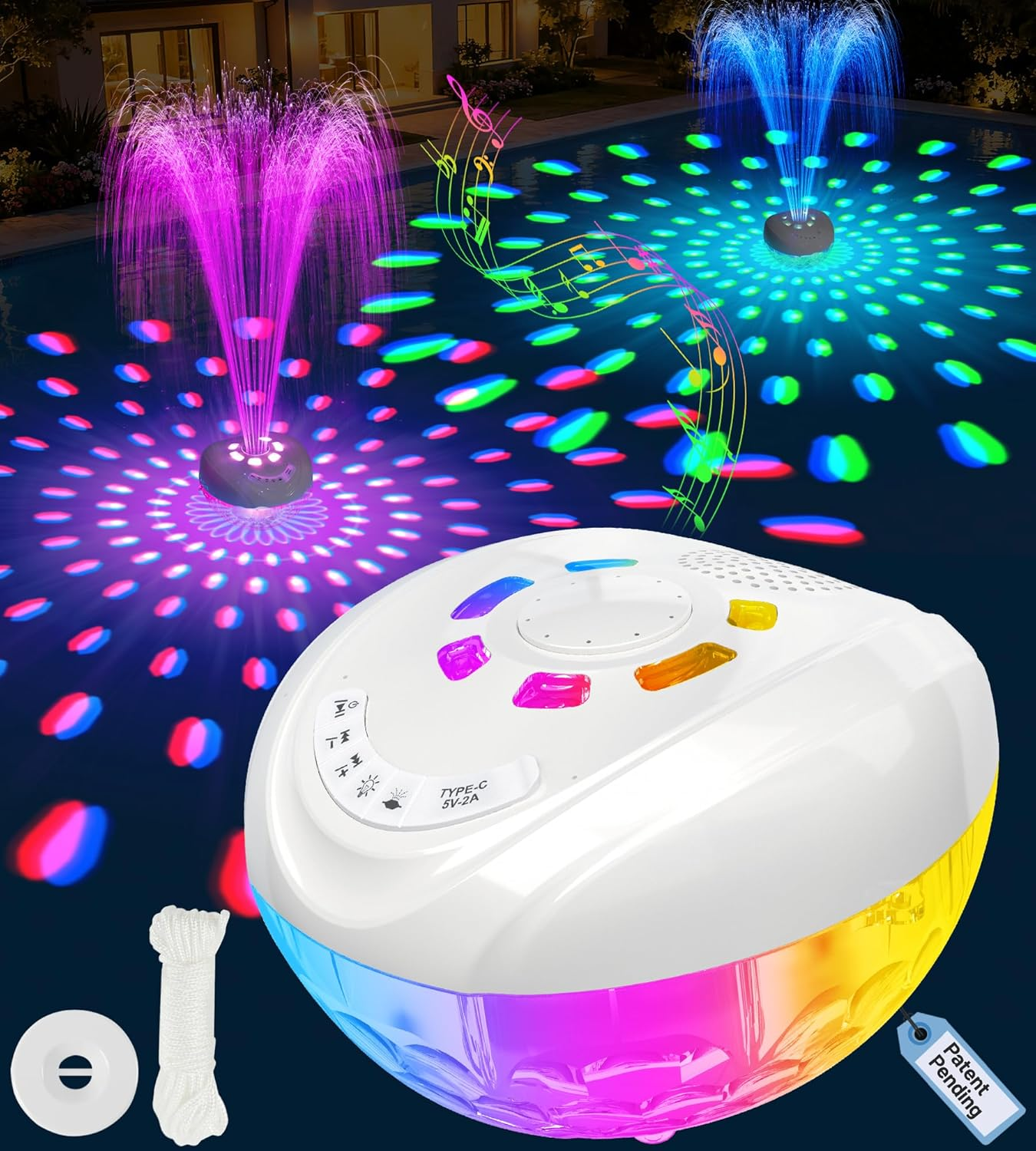 3 in 1 Floating Pool Fountain with Pool Speaker & Lights,2026 New Rechargeable Pool Fountain,Floating Bluetooth 5.4 Speaker IP68 Waterproof,Above Ground Pool Water Fountain with Anchor-White