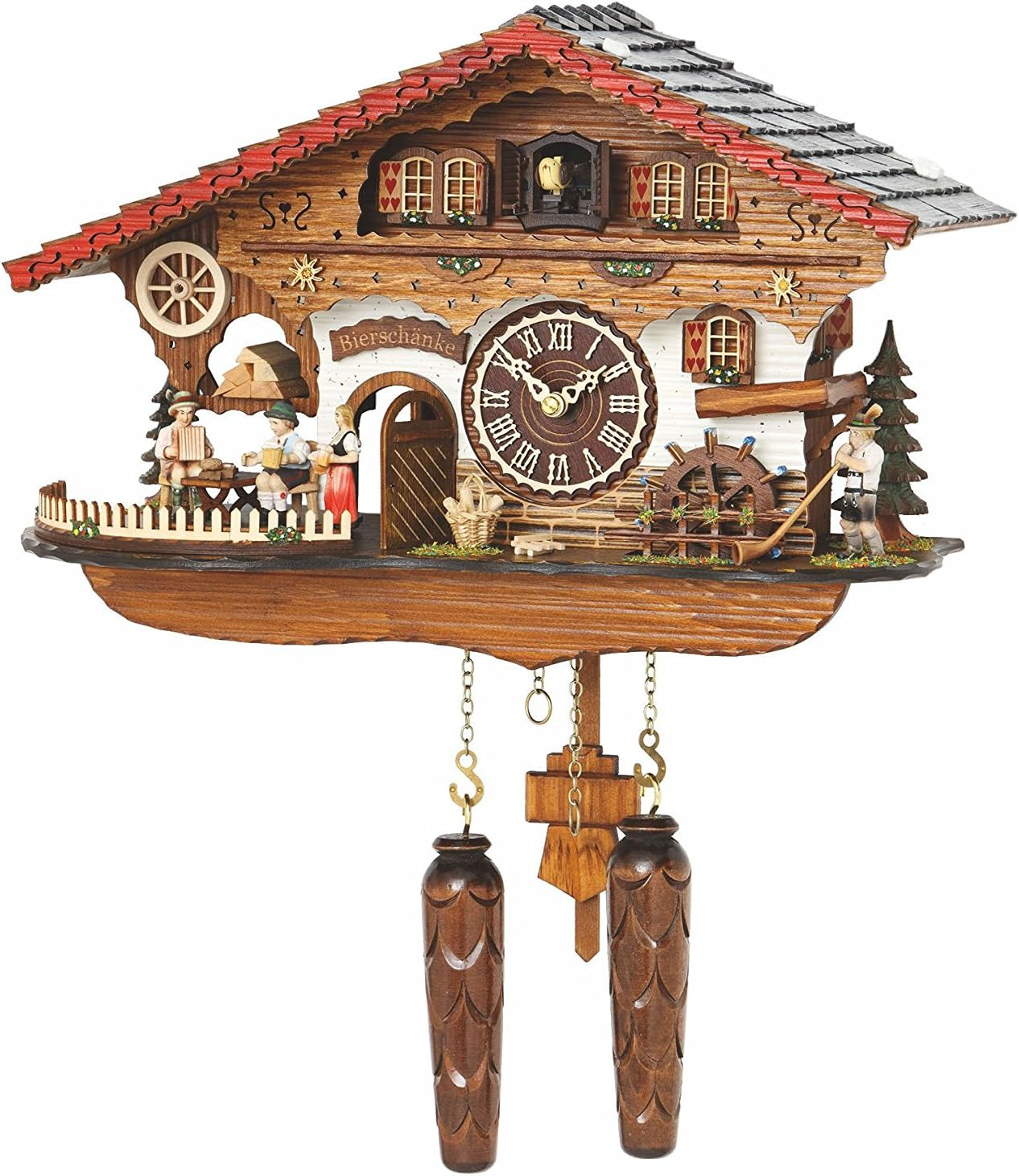 Quartz Cuckoo Clock Black Forest House with Moving Waitress and Turning Mill Wheel, with Music TU 4210 QMT HZZG