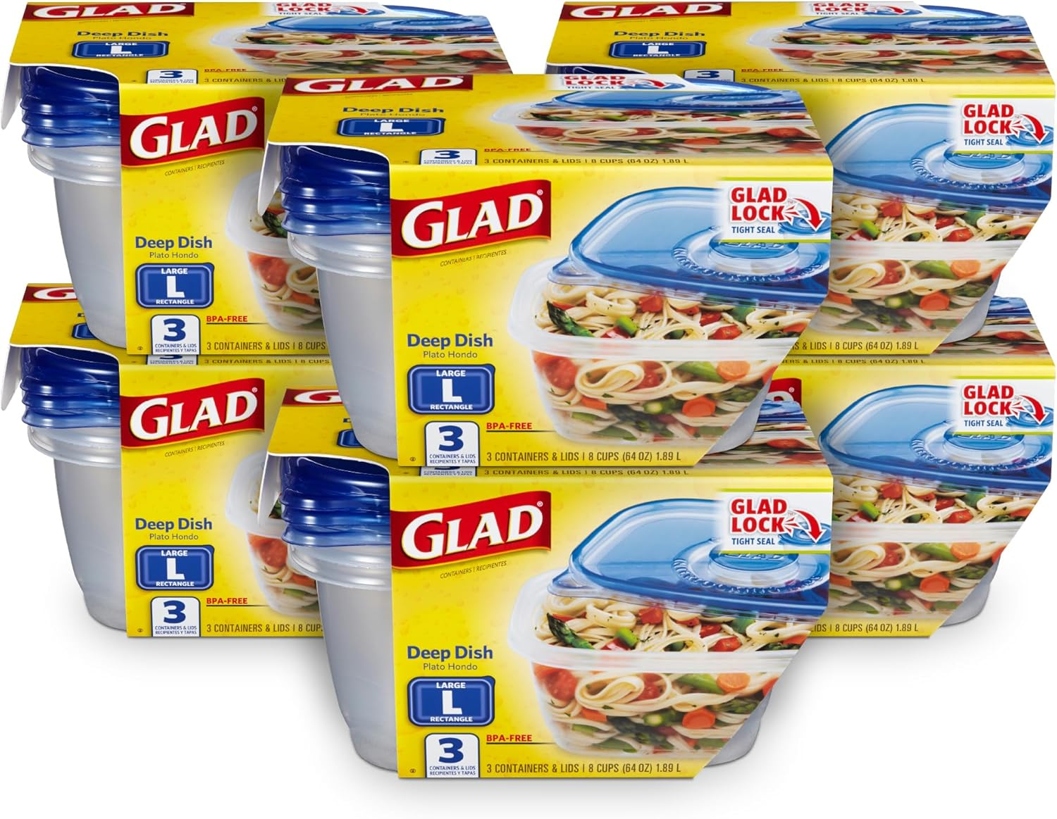 Gladware Deep Dish Food Storage Containers with Glad Lock Tight Seal, BPA Free Large Rectangle Plastic Containers Hold up to 64 Ounces of Food, 3 Count Set | 6 Pack (18 Total)