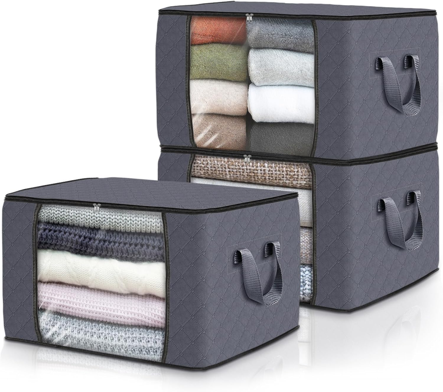 Storage Bags,Clothes Blanket Storage Bins Foldable Closet Organizers with Reinforced Handle for Home Dorm Storage and Organization,Fabric Bags for Organizing Sheets,Clothing (Grey,3 Pack)