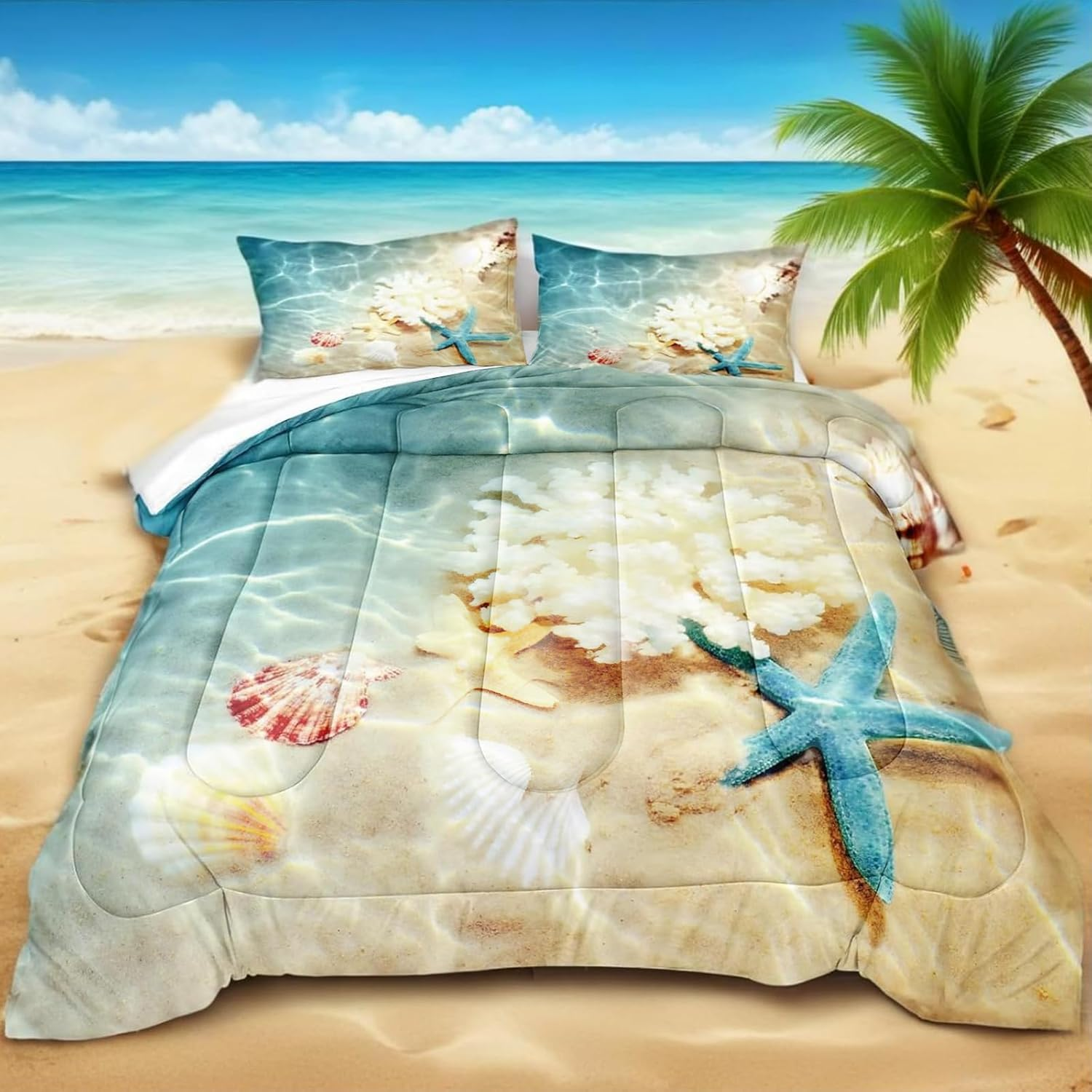 Bedbay Beach Comforter Sets King Size Beach Themed Bedding 3 Pieces Microfiber Soft Fluffy Shell Comforter Blue Ocean Decor Turquoise Teal Seashell Quilt Set for All Seasons (Coastal, King)