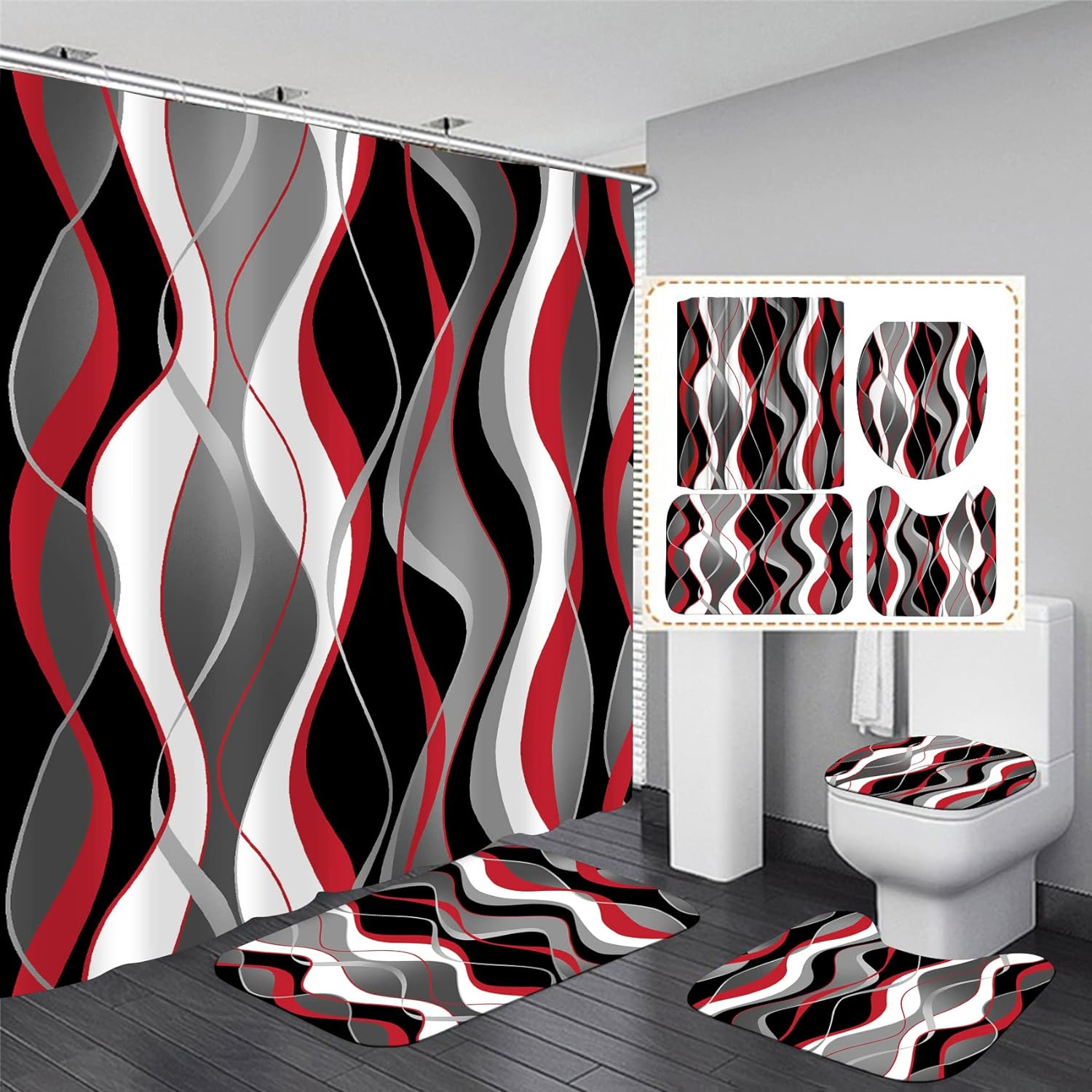 Nkzply 4 Pcs Red and Black Shower Curtain Set Grey and White Bathroom Sets with Shower Curtain and Rugs Modern Striped Bathroom Decor Accessories Shower Curtains for Bathroom Toilet Lid Cover Hooks