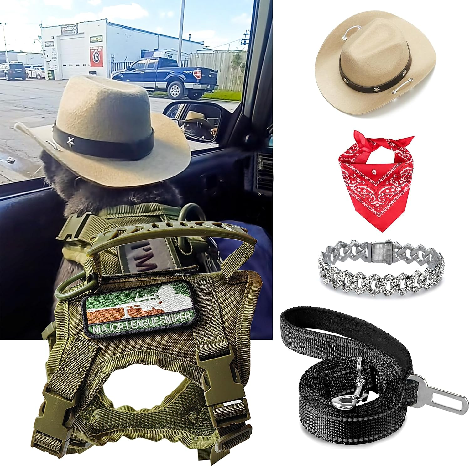 Tactical Cat Harness and Leash for Walking Escape Proof, Adjustable Cat Vest Harness Easy Control with Pet Cowboy Costume for Cat, Puppy and Small Dog (Army Green and Black)
