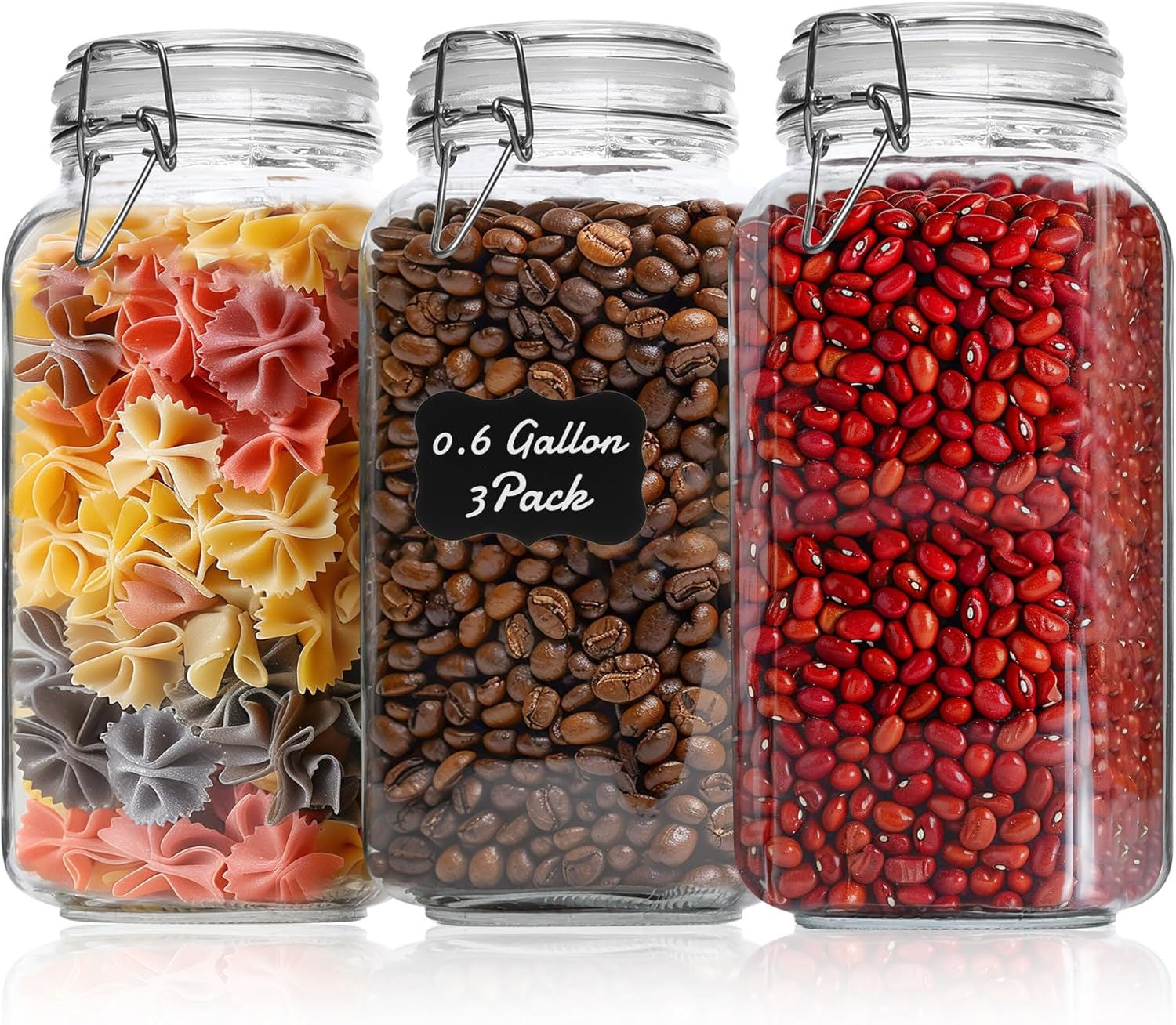 3-Pack 78Oz Large Square Airtight Glass Jars for Bulk Food, Holds a 4Lb Bag of Sugar or 5Lb of Rice, Wide Mouth Canister for Flour, Coffee & Pantry Organization